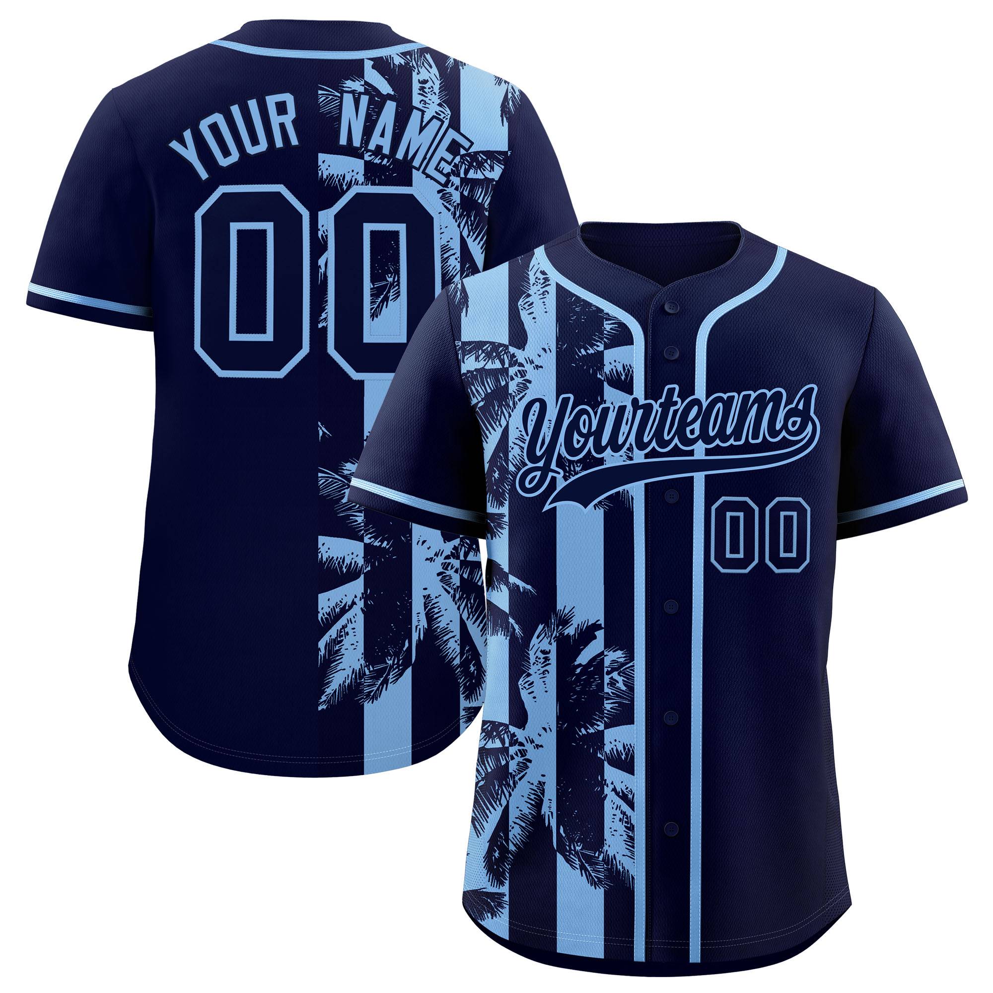 Custom Navy Powder Blue Split Fashion Coconut Tree Design Authentic Baseball Jersey| KXKSHOP