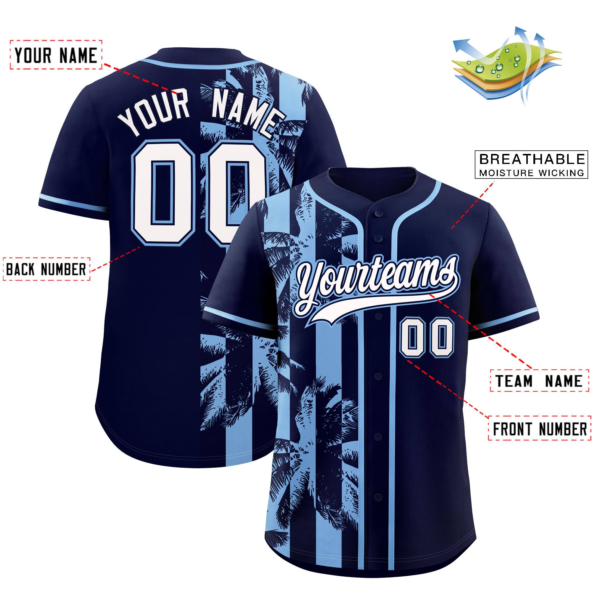 Custom Navy Powder Blue Split Fashion Coconut Tree Design Authentic Baseball Jersey| KXKSHOP