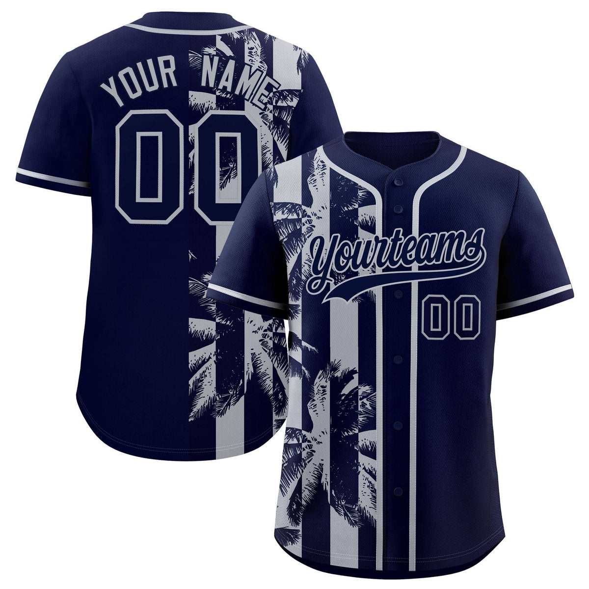 Custom Navy Gray Split Fashion Coconut Tree Design Authentic Baseball Jersey| KXKSHOP