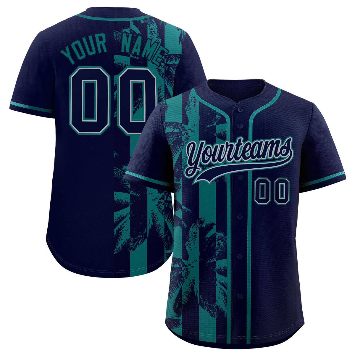 Custom Navy Aqua Split Fashion Coconut Tree Design Authentic Baseball Jersey| KXKSHOP