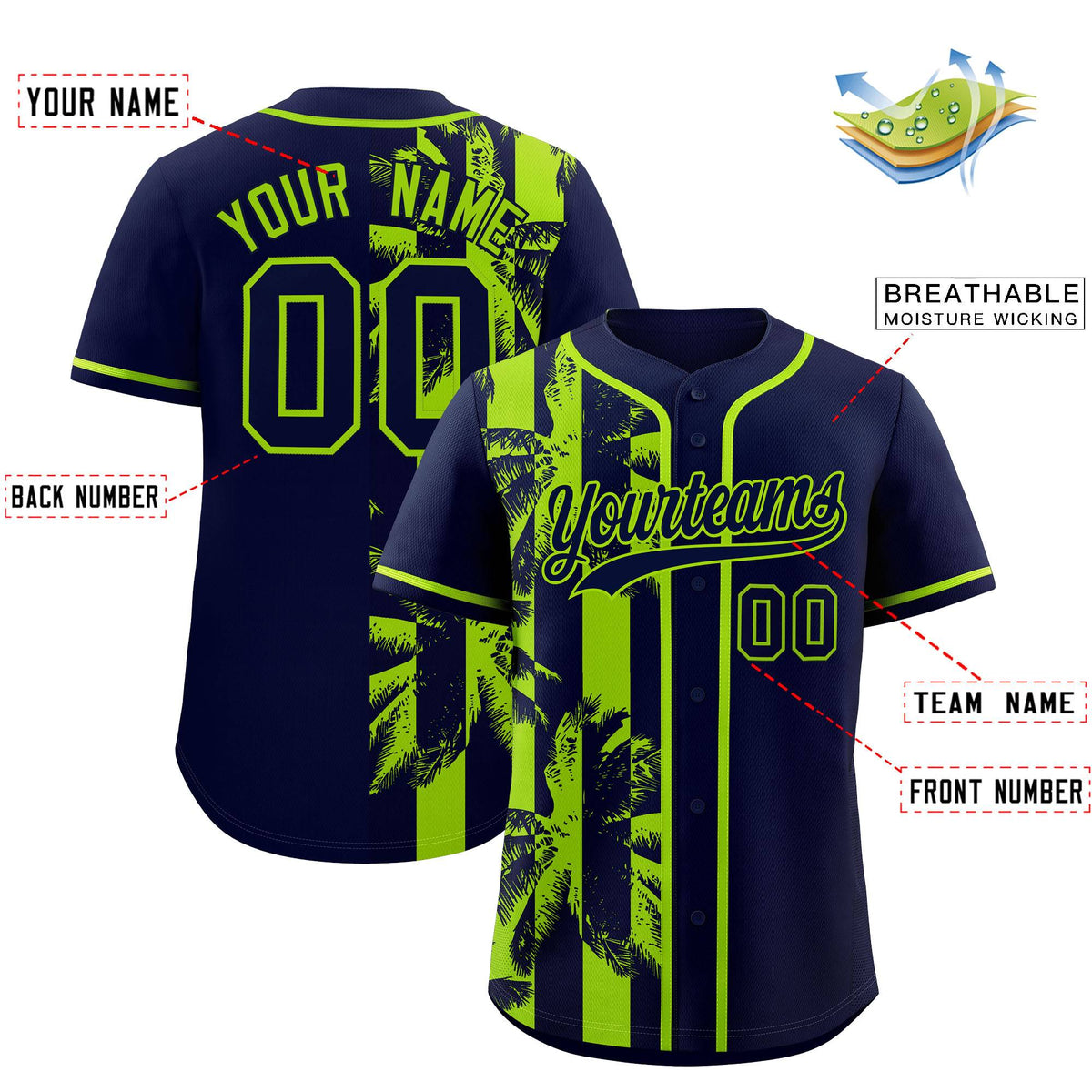 Custom Navy Neon Green Split Fashion Coconut Tree Design Authentic Baseball Jersey| KXKSHOP