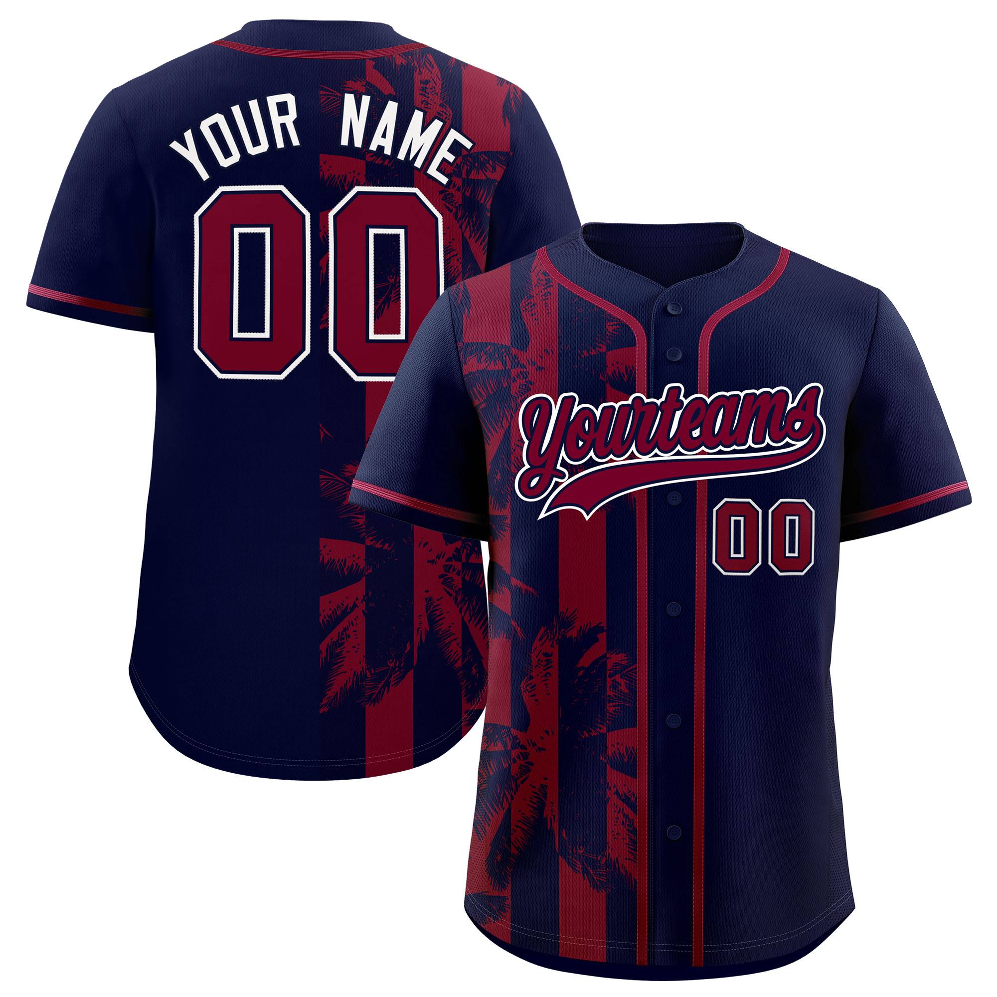Custom Navy Crimson Split Fashion Coconut Tree Design Authentic Baseball Jersey| KXKSHOP