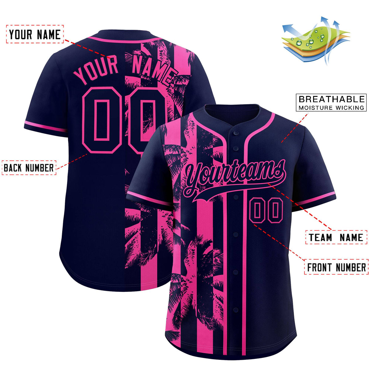 Custom Navy Pink Split Fashion Coconut Tree Design Authentic Baseball Jersey| KXKSHOP