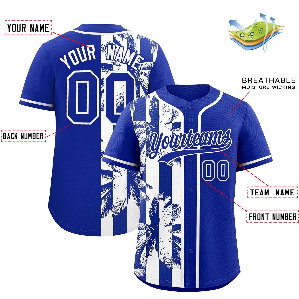 Custom Royal White Split Fashion Coconut Tree Design Authentic Baseball Jersey| KXKSHOP