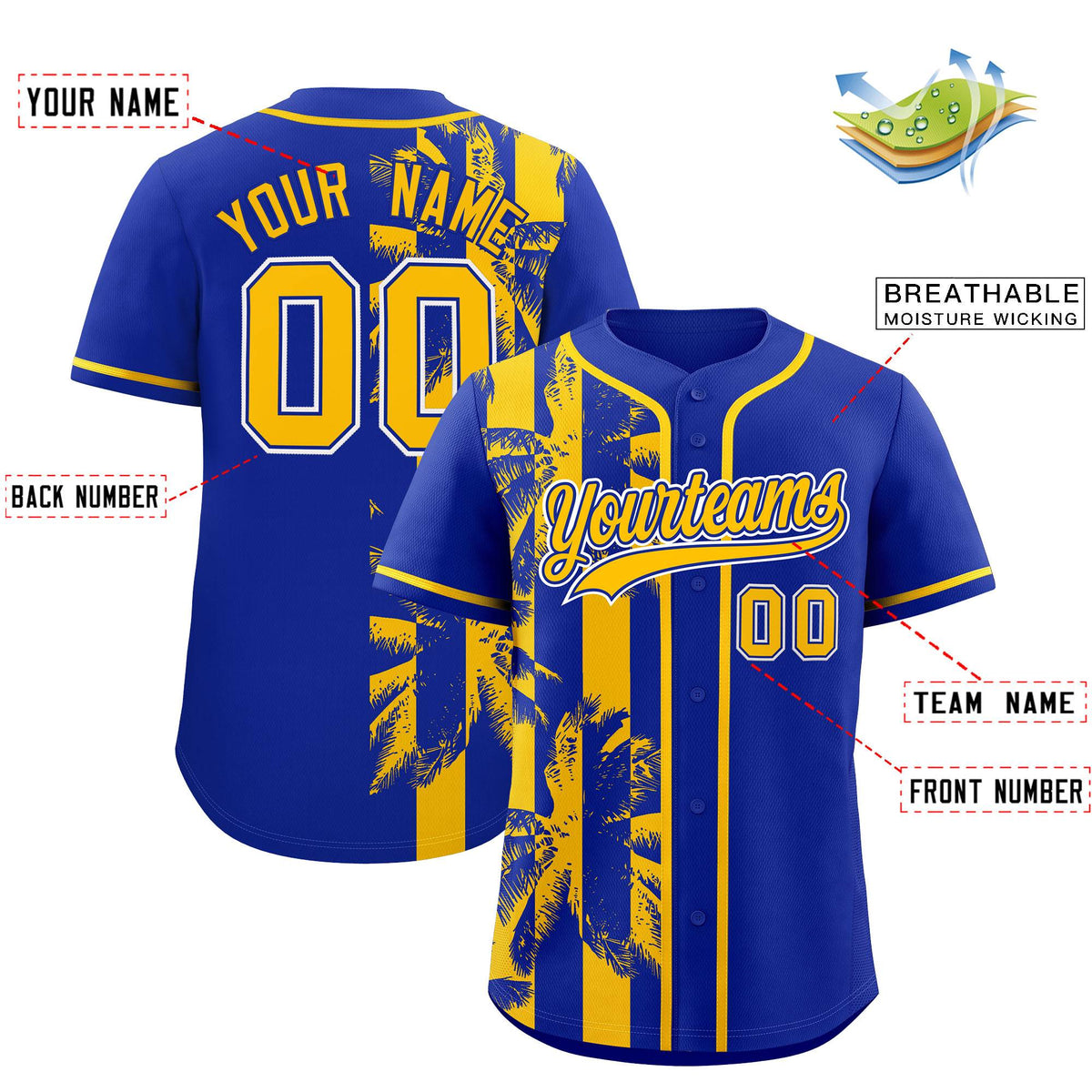 Custom Royal Yellow Split Fashion Coconut Tree Design Authentic Baseball Jersey| KXKSHOP