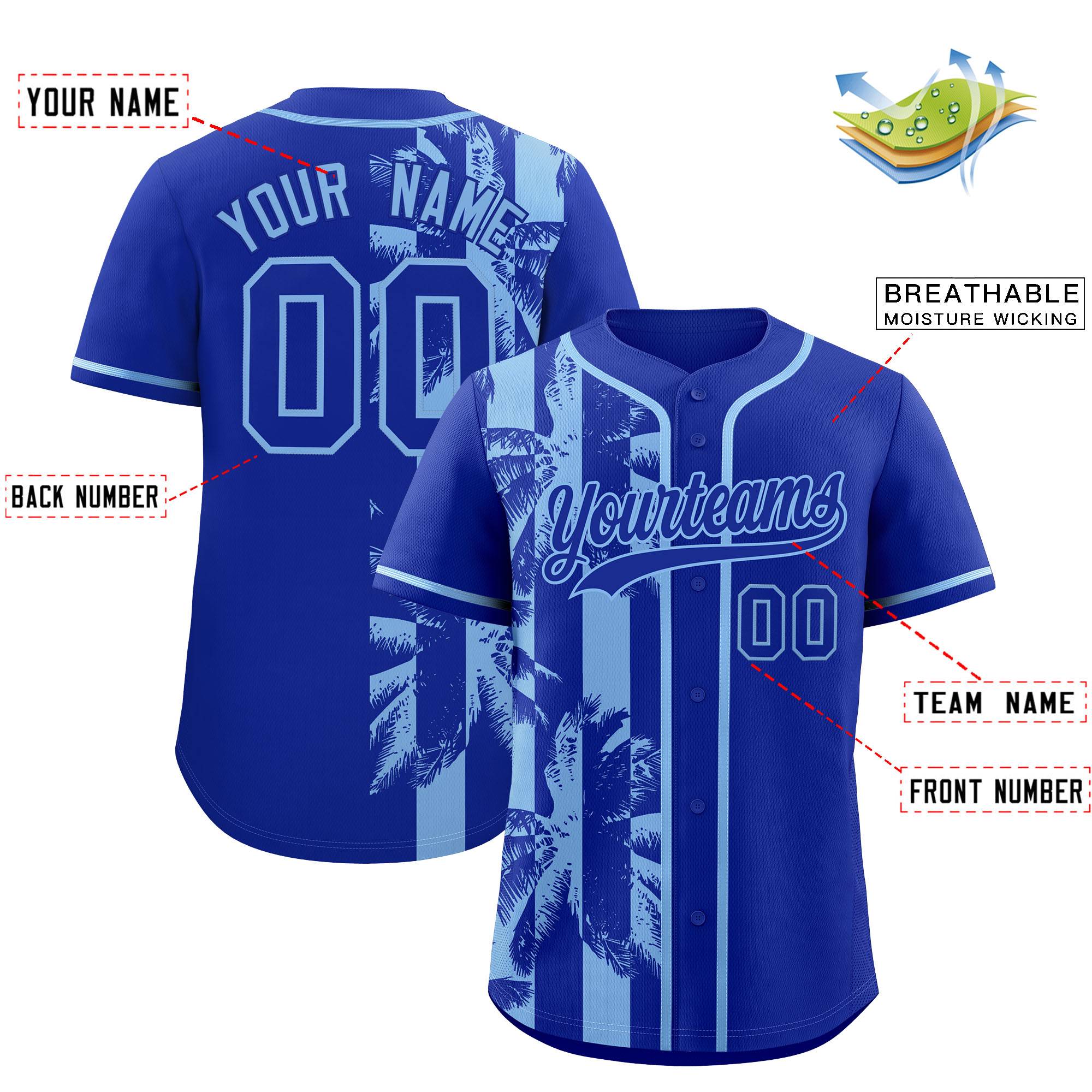 Custom Royal Powder Blue Split Fashion Coconut Tree Design Authentic Baseball Jersey| KXKSHOP