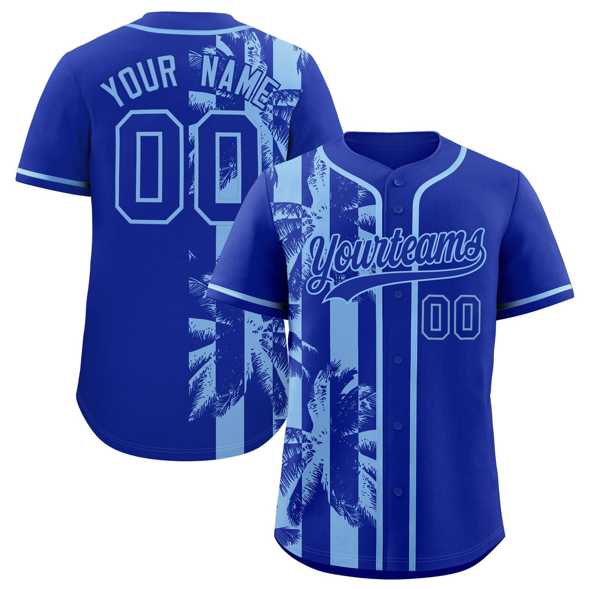 Custom Royal Powder Blue Split Fashion Coconut Tree Design Authentic Baseball Jersey| KXKSHOP