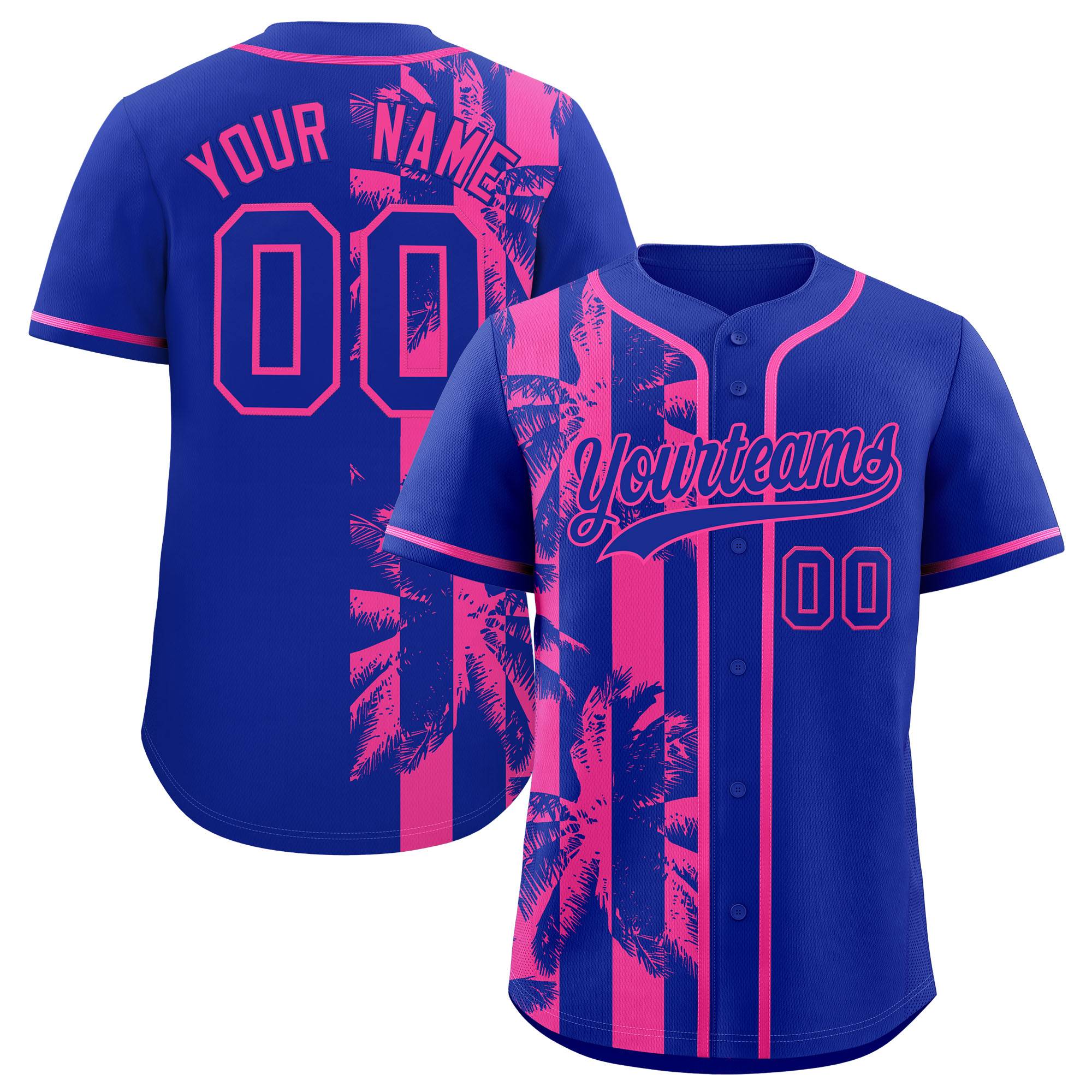 Custom Royal Pink Split Fashion Coconut Tree Design Authentic Baseball Jersey| KXKSHOP