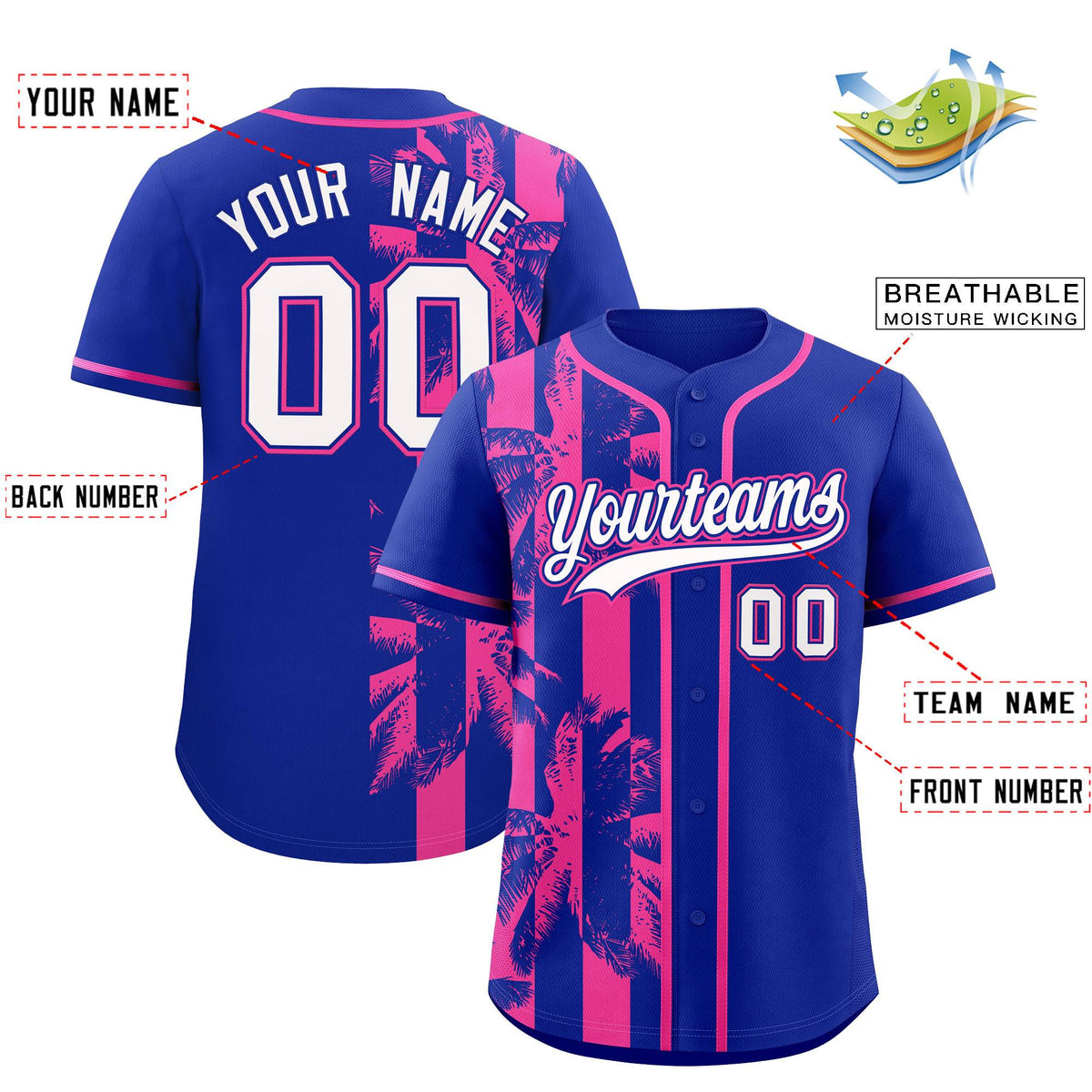 Custom Royal Pink Split Fashion Coconut Tree Design Authentic Baseball Jersey| KXKSHOP