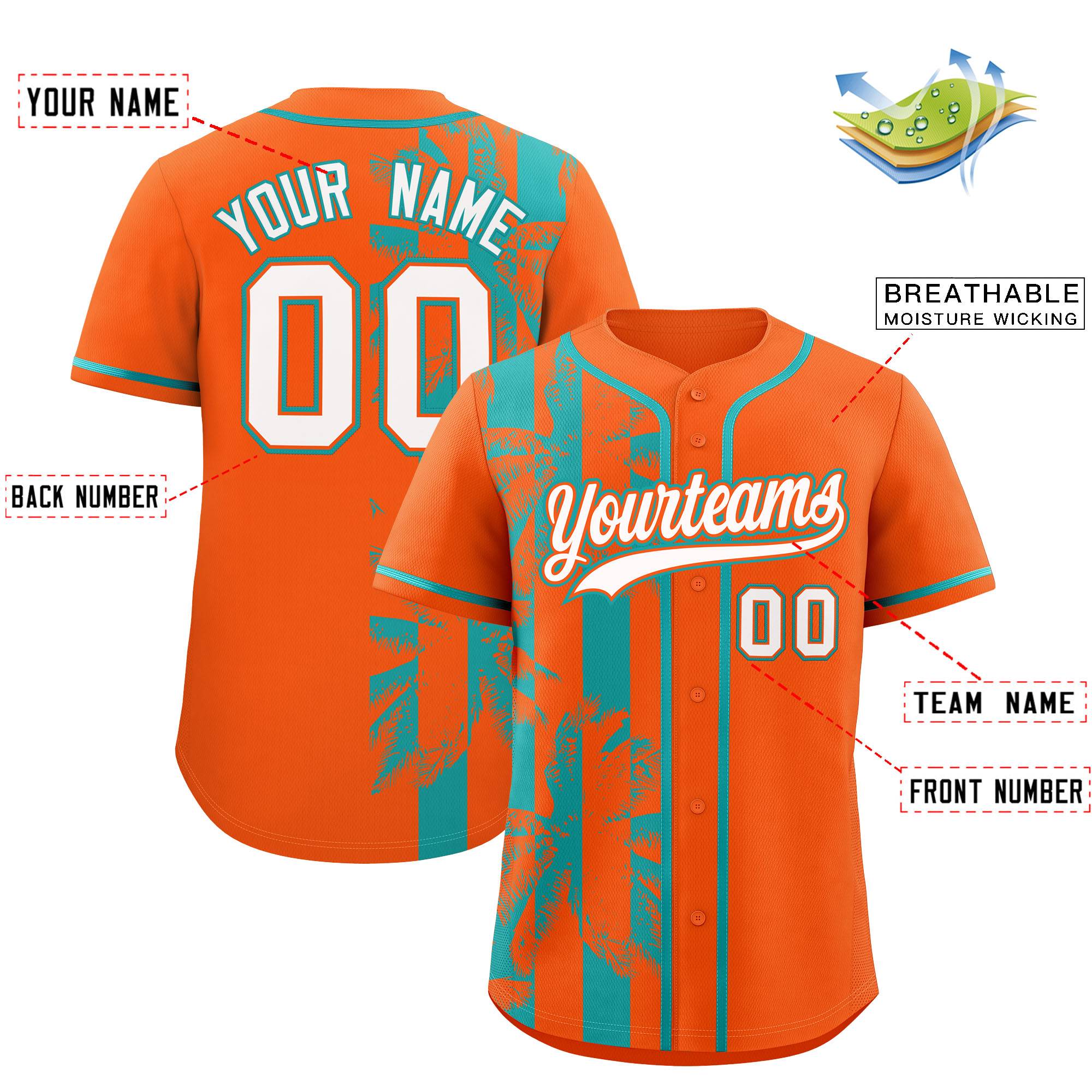 Custom Orange Aqua Split Fashion Coconut Tree Design Authentic Baseball Jersey| KXKSHOP