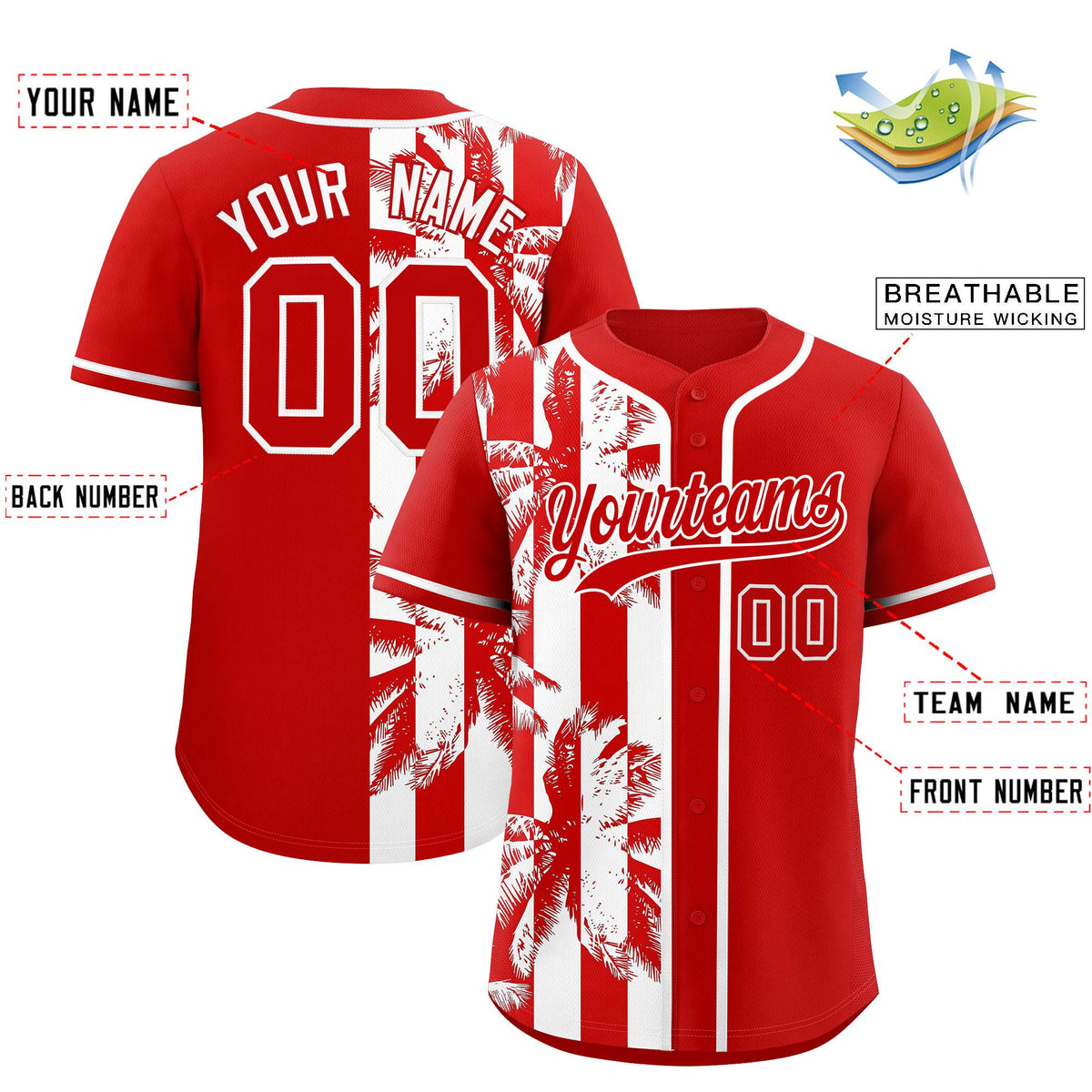 Custom Red White Split Fashion Coconut Tree Design Authentic Baseball Jersey| KXKSHOP