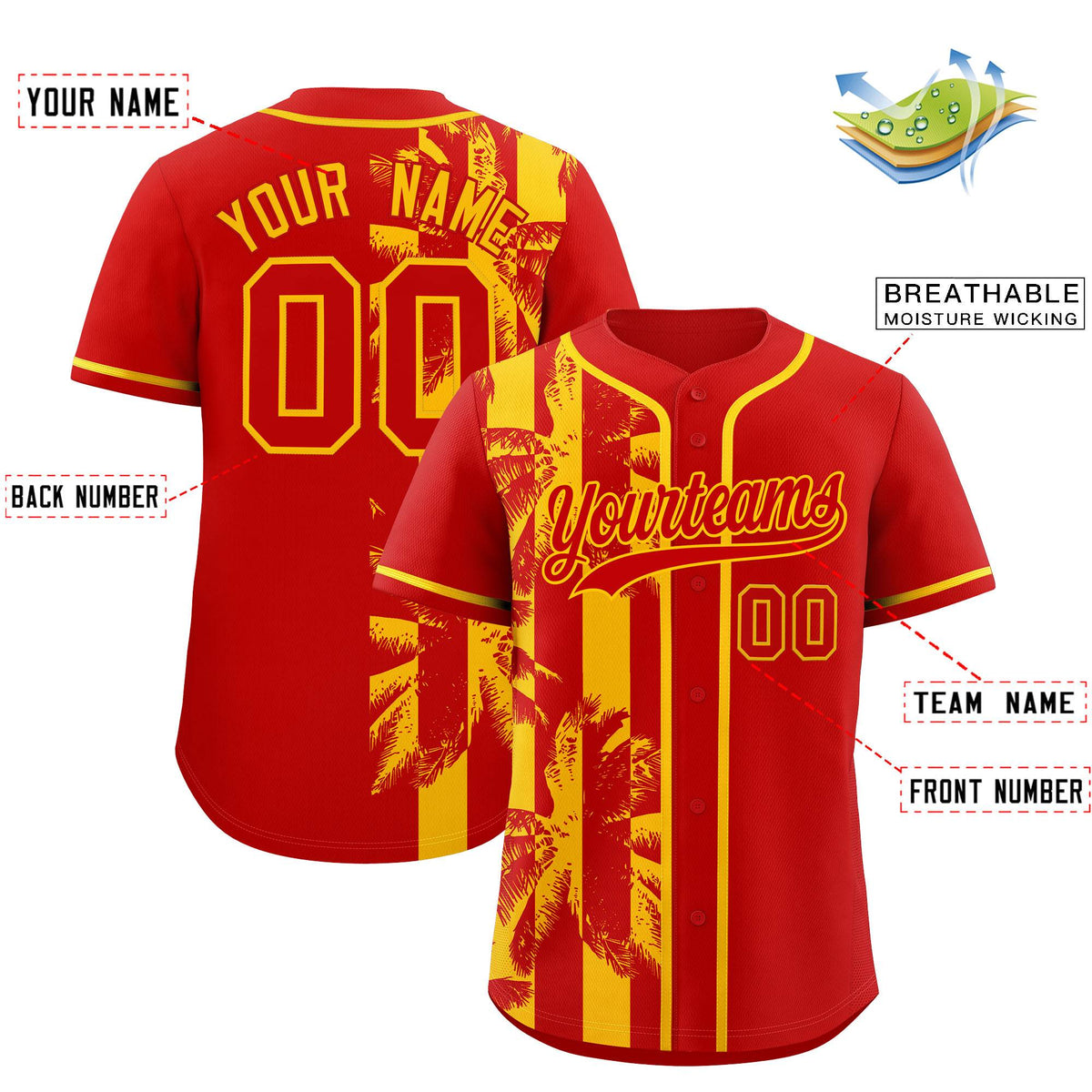 Custom Red Yellow Split Fashion Coconut Tree Design Authentic Baseball Jersey| KXKSHOP