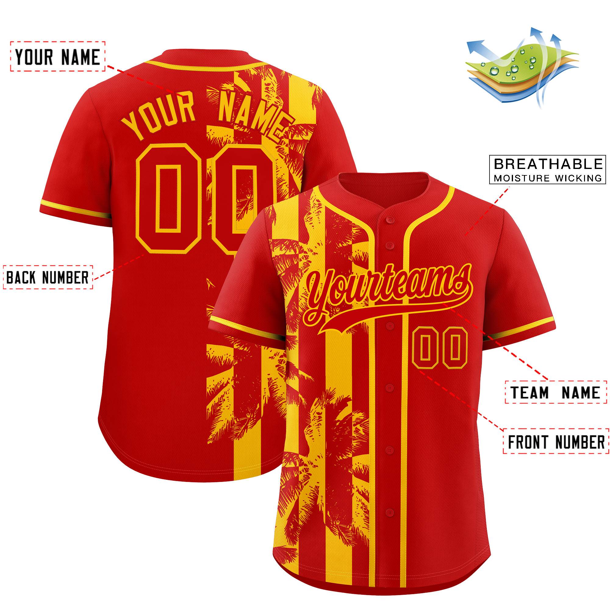 Custom Red Yellow Split Fashion Coconut Tree Design Authentic Baseball Jersey| KXKSHOP