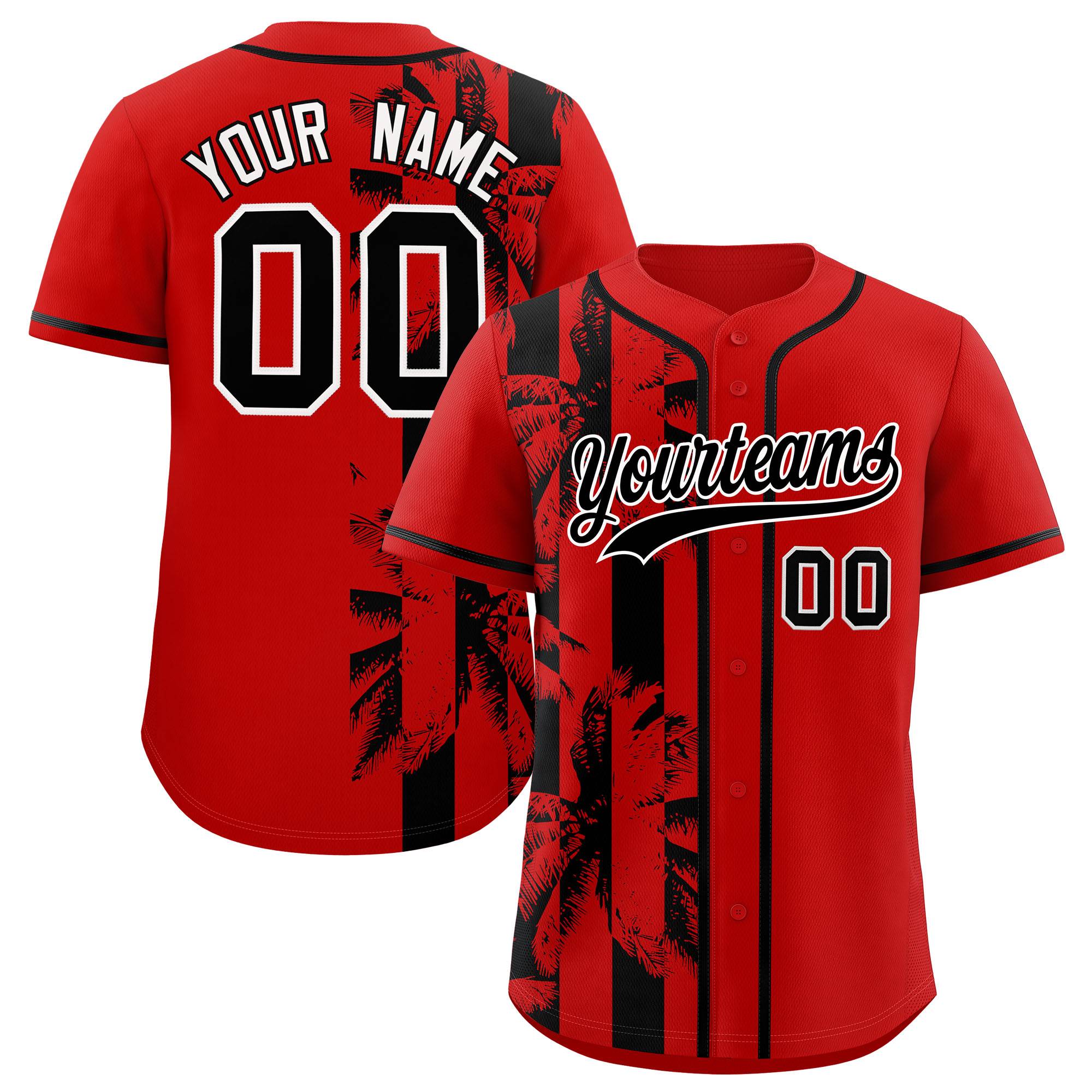 Custom Red Black Split Fashion Coconut Tree Design Authentic Baseball Jersey| KXKSHOP