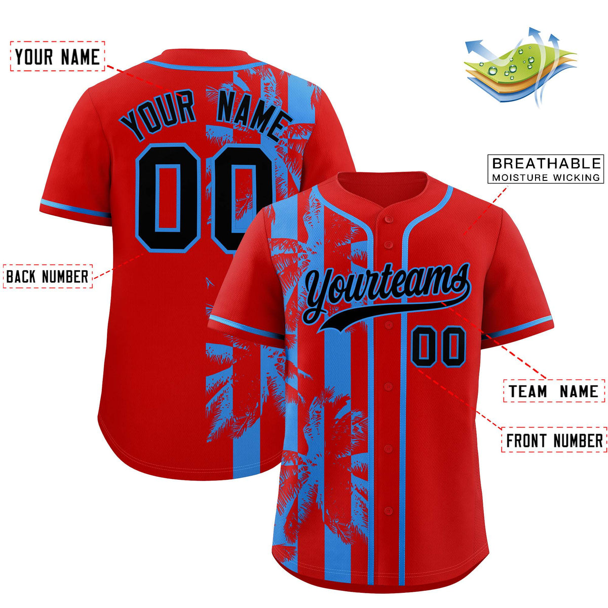 Custom Red Powder Blue Split Fashion Coconut Tree Design Authentic Baseball Jersey| KXKSHOP