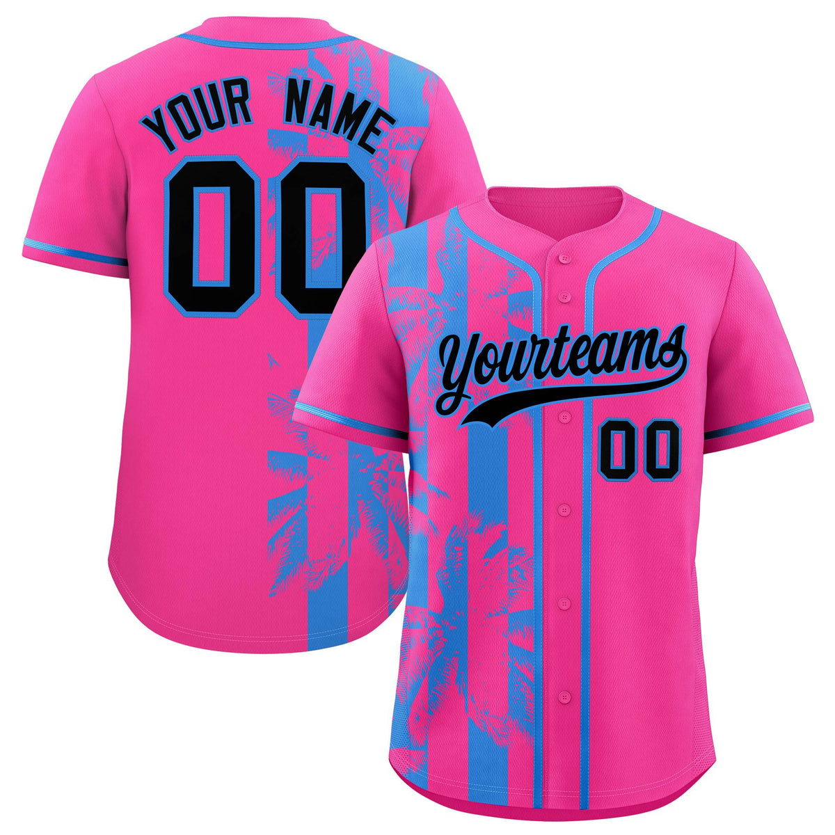 Custom Pink Powder Blue Split Fashion Coconut Tree Design Authentic Baseball Jersey| KXKSHOP