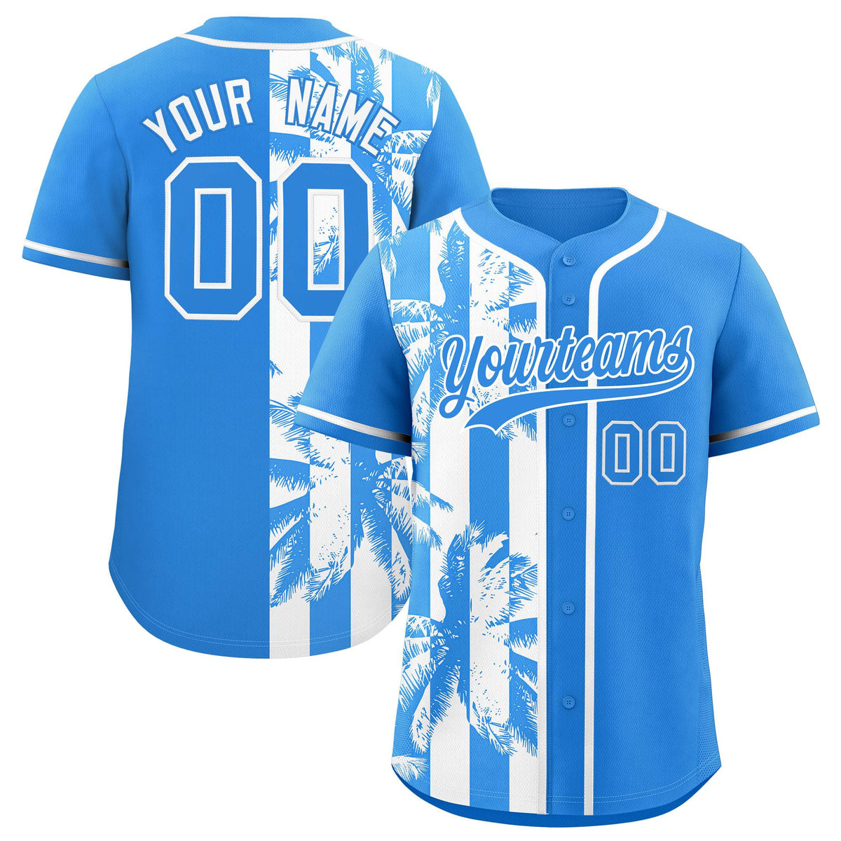 Custom Powder Blue White Split Fashion Coconut Tree Design Authentic Baseball Jersey| KXKSHOP