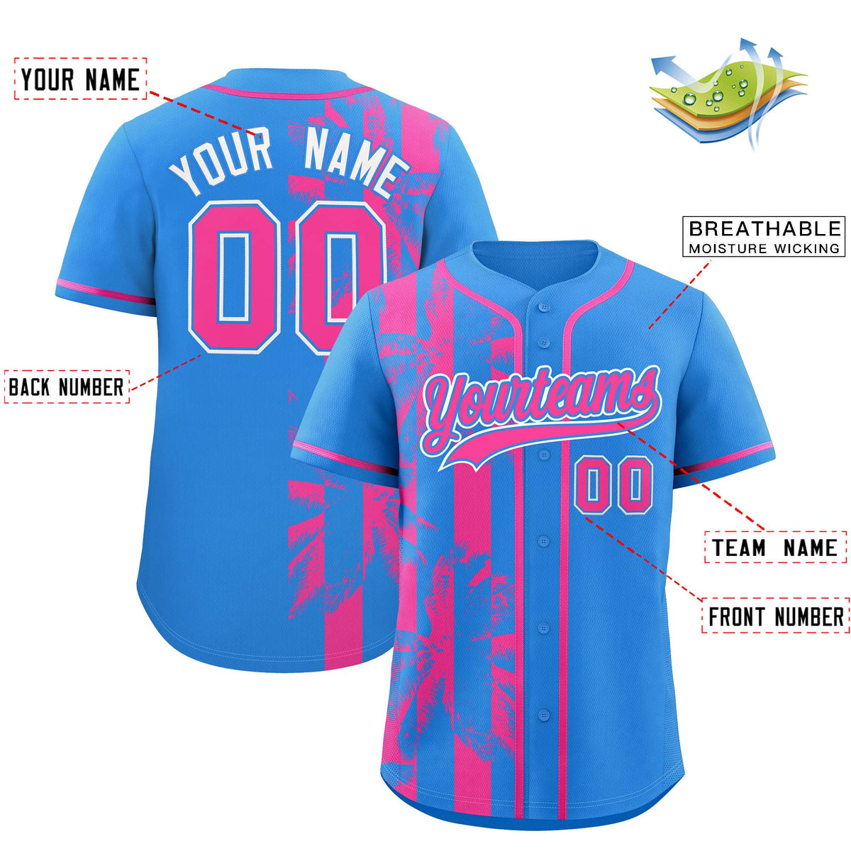 Custom Powder Blue Pink Split Fashion Coconut Tree Design Authentic Baseball Jersey| KXKSHOP