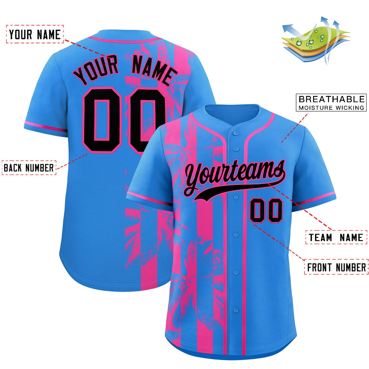 Custom Powder Blue Pink Split Fashion Coconut Tree Design Authentic Baseball Jersey| KXKSHOP