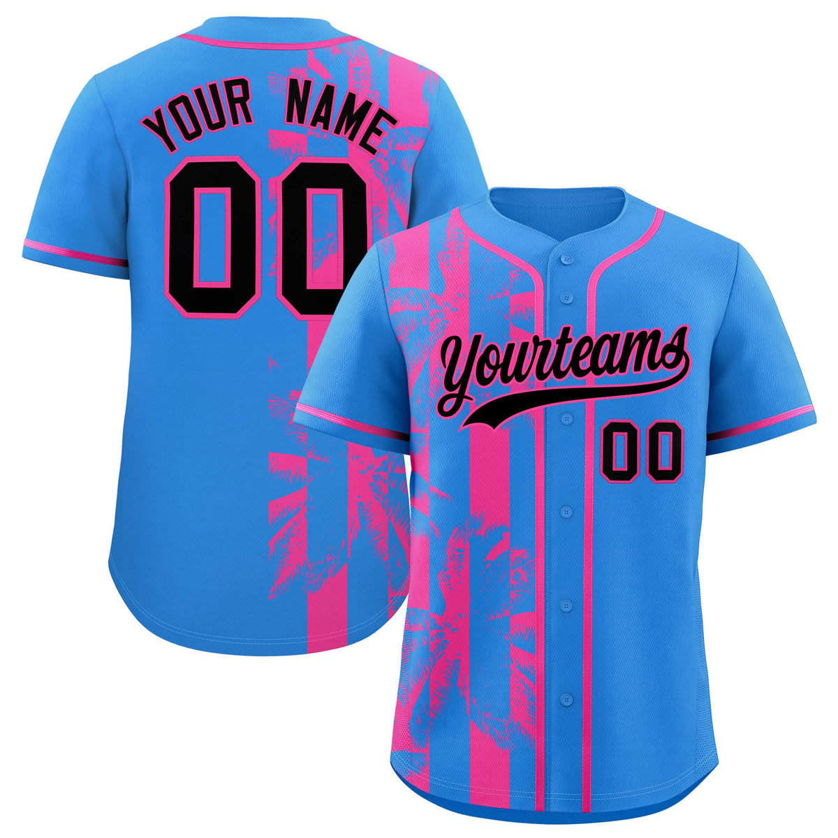 Custom Powder Blue Pink Split Fashion Coconut Tree Design Authentic Baseball Jersey| KXKSHOP