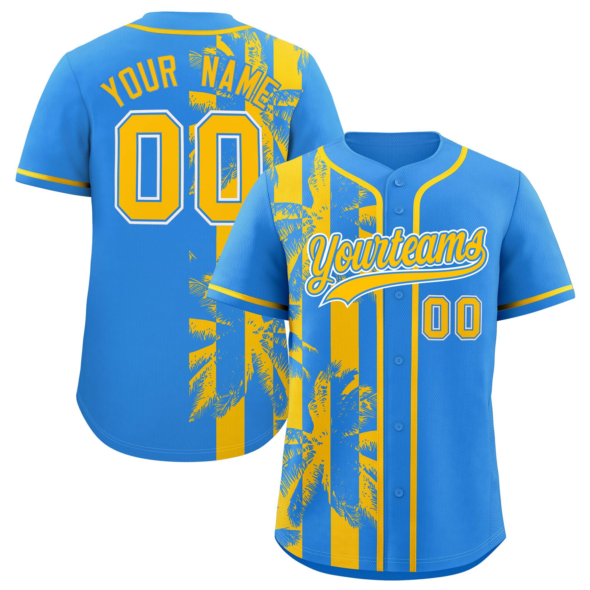 Custom Powder Blue Yellow Split Fashion Coconut Tree Design Authentic Baseball Jersey| KXKSHOP