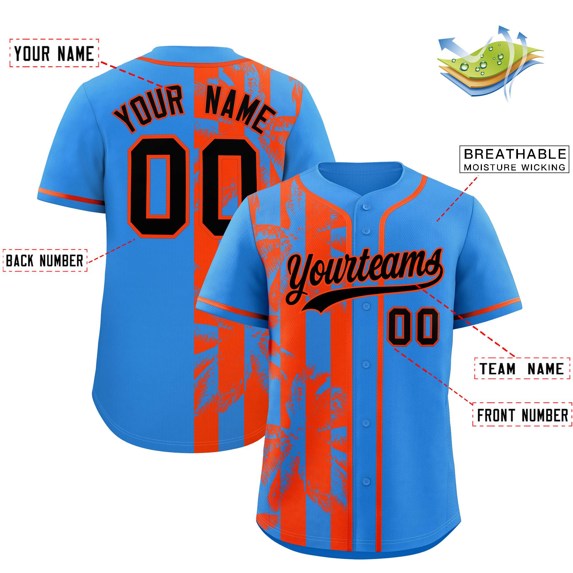 Custom Powder Blue Orange Split Fashion Coconut Tree Design Authentic Baseball Jersey| KXKSHOP