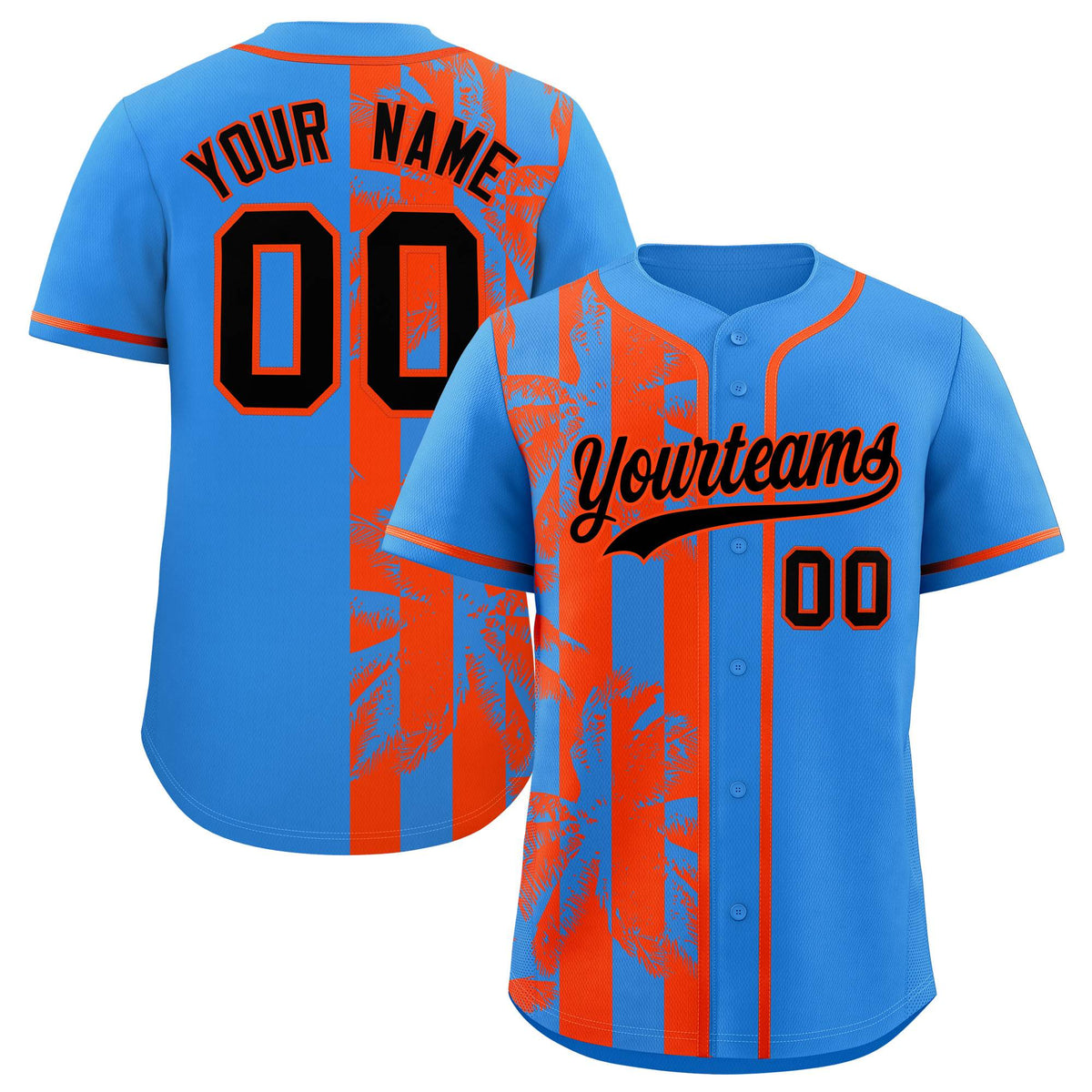 Custom Powder Blue Orange Split Fashion Coconut Tree Design Authentic Baseball Jersey| KXKSHOP