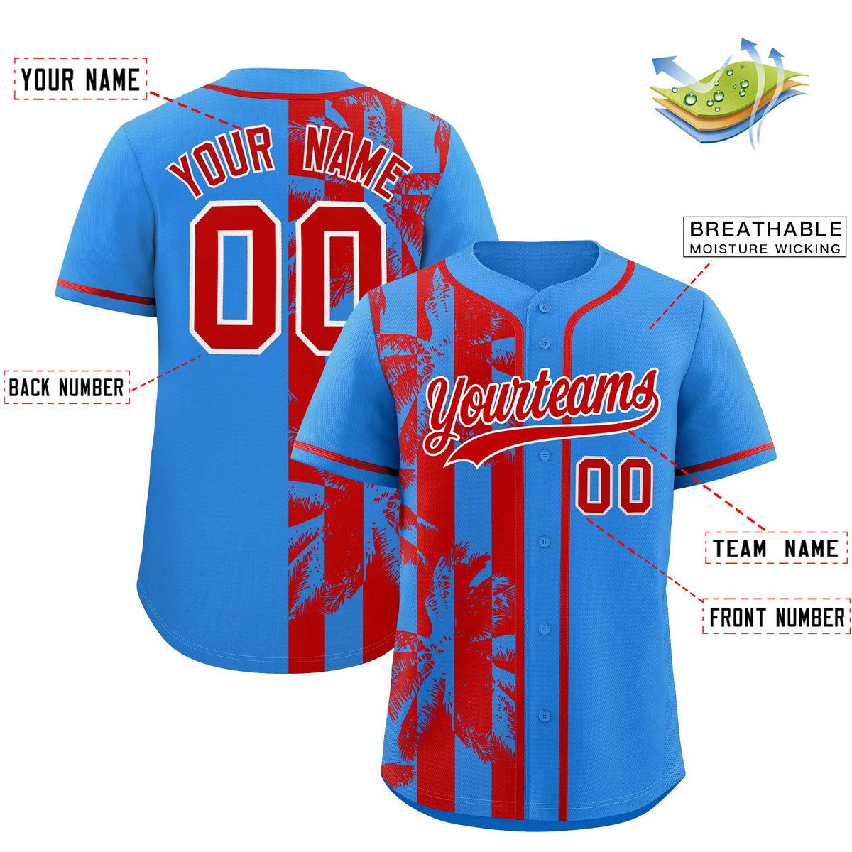 Custom Powder Blue Red Split Fashion Coconut Tree Design Authentic Baseball Jersey| KXKSHOP