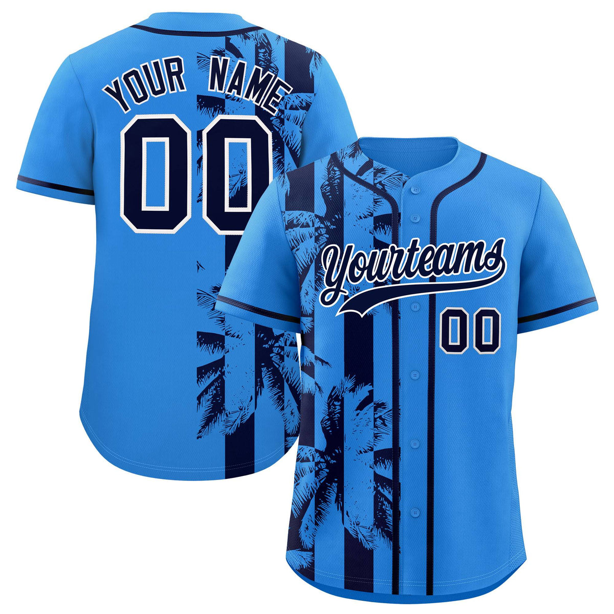 Custom Powder Blue Navy Split Fashion Coconut Tree Design Authentic Baseball Jersey| KXKSHOP