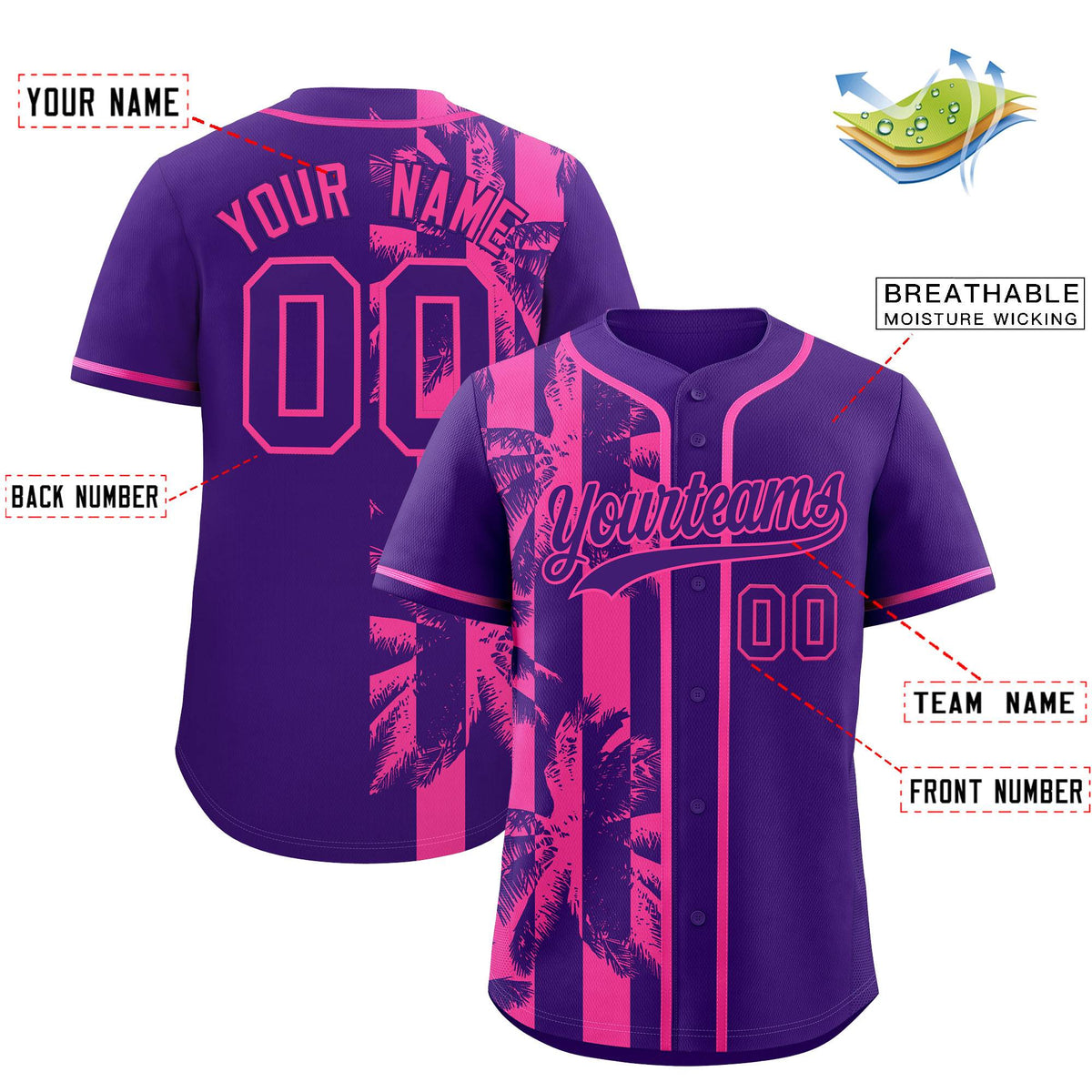 Custom Purple Pink Split Fashion Coconut Tree Design Authentic Baseball Jersey| KXKSHOP