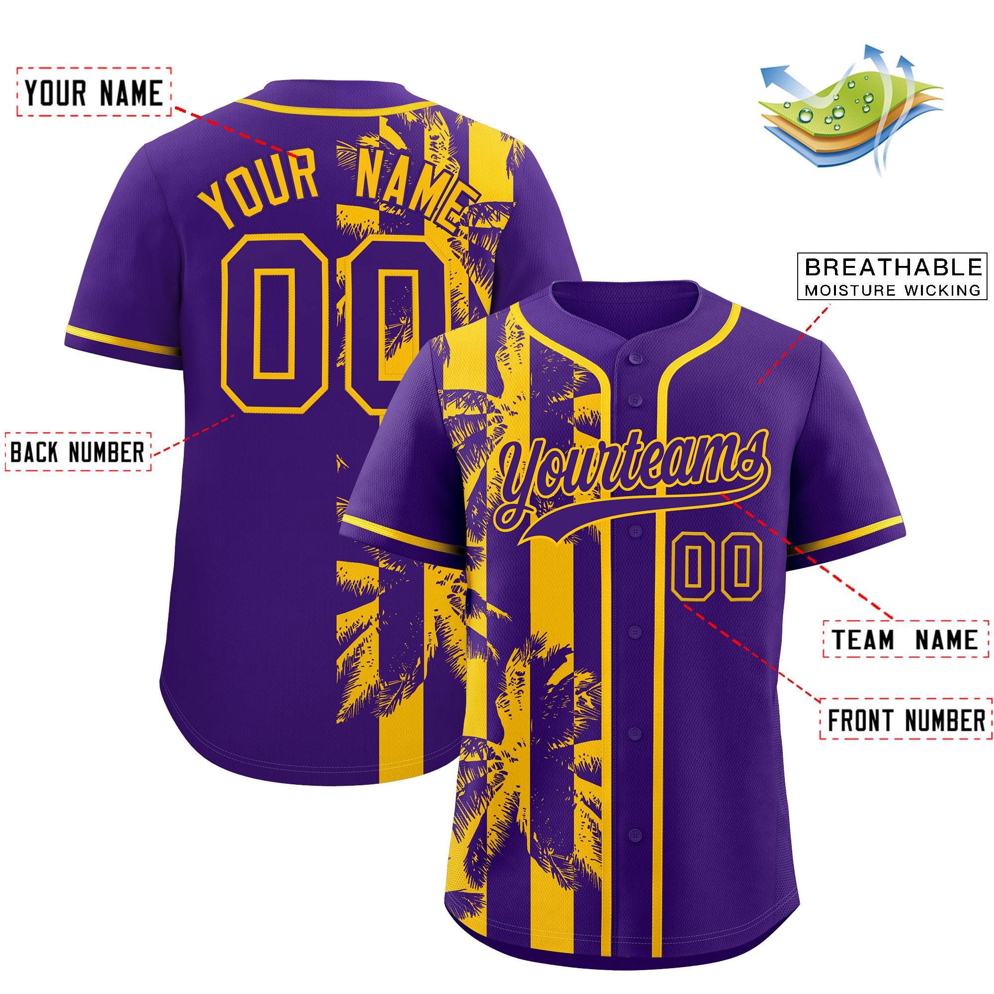 Custom Purple Yellow Split Fashion Coconut Tree Design Authentic Baseball Jersey| KXKSHOP