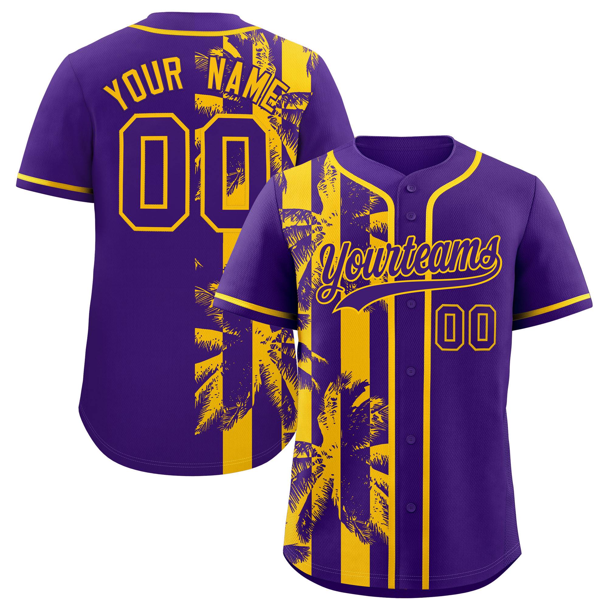 Custom Purple Yellow Split Fashion Coconut Tree Design Authentic Baseball Jersey| KXKSHOP