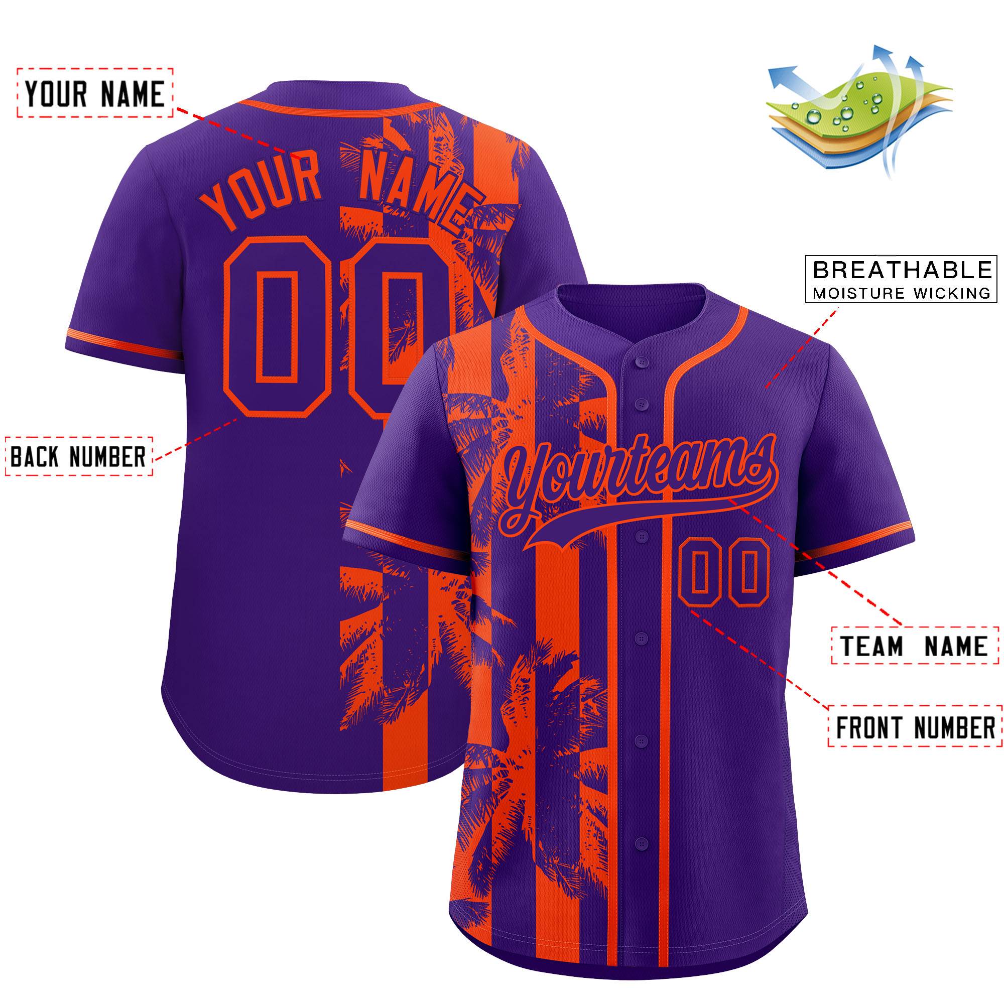 Custom Purple Orange Split Fashion Coconut Tree Design Authentic Baseball Jersey| KXKSHOP