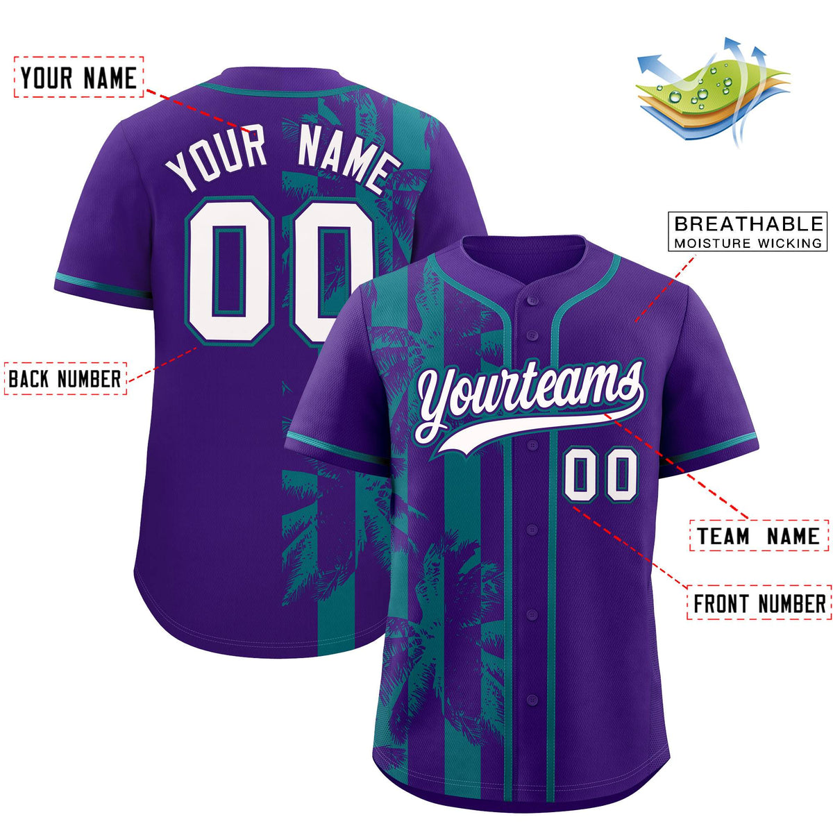 Custom Purple Teal Split Fashion Coconut Tree Design Authentic Baseball Jersey| KXKSHOP