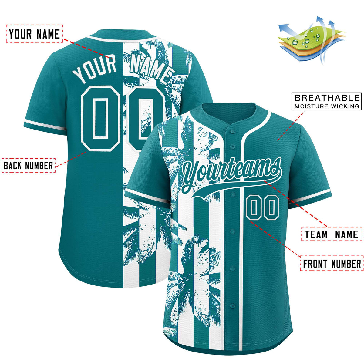 Custom Aqua White Split Fashion Coconut Tree Design Authentic Baseball Jersey| KXKSHOP