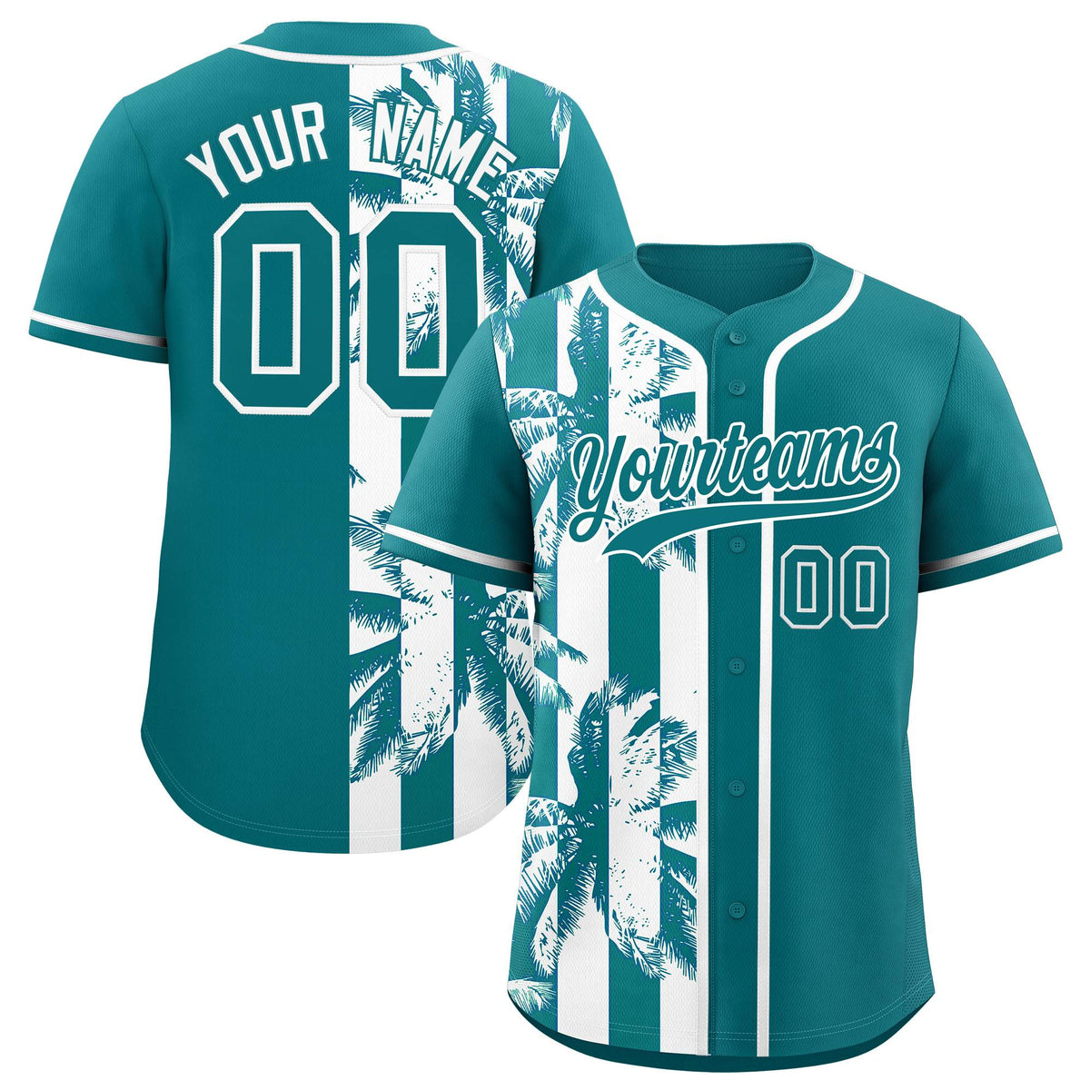 Custom Aqua White Split Fashion Coconut Tree Design Authentic Baseball Jersey| KXKSHOP