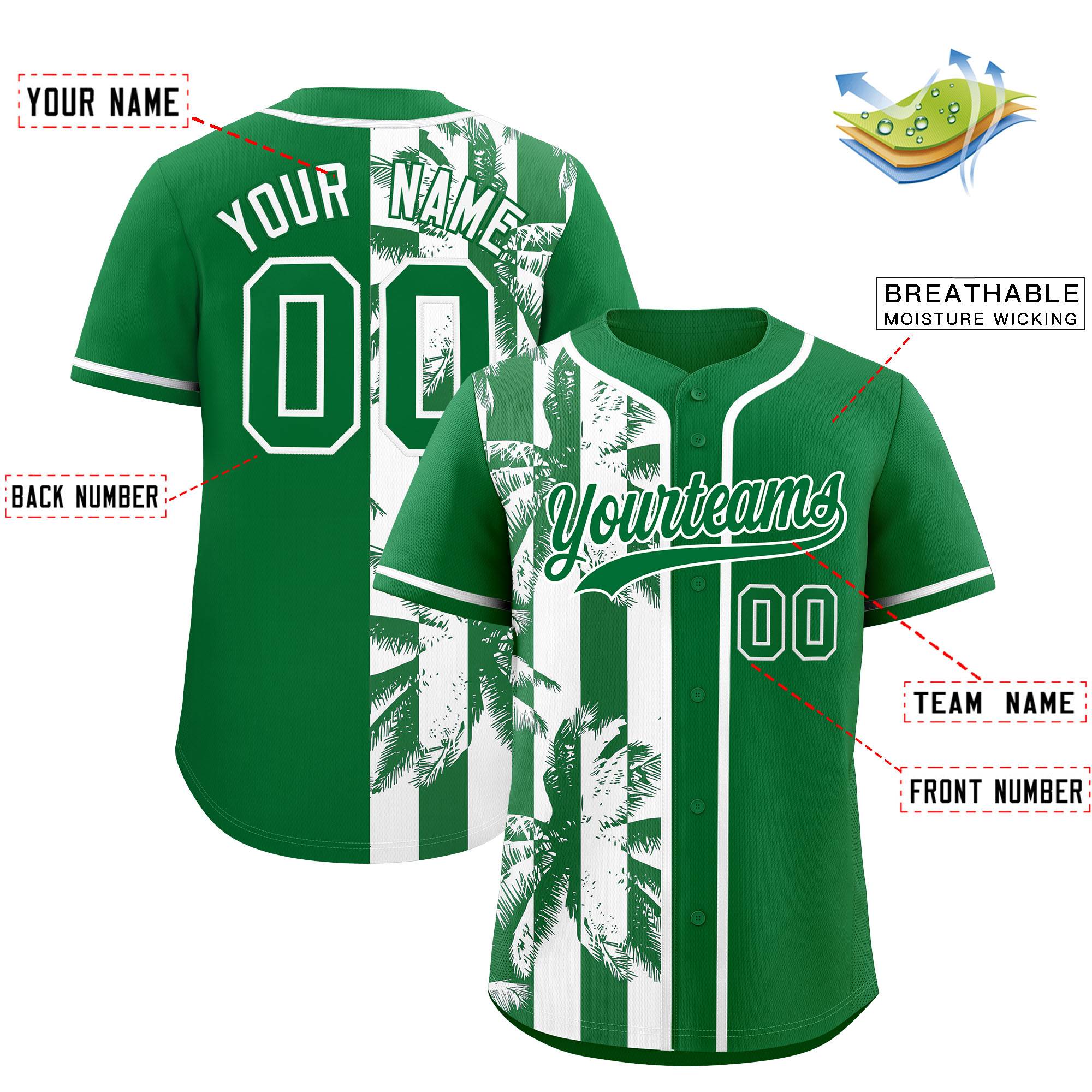 Custom Kelly Green White Split Fashion Coconut Tree Design Authentic Baseball Jersey| KXKSHOP