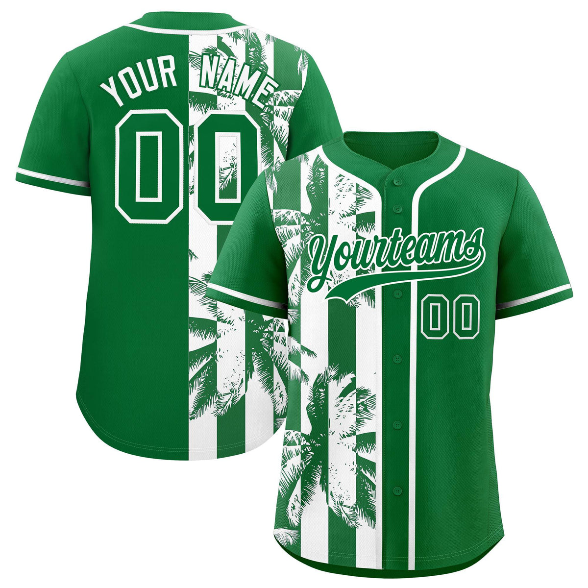 Custom Kelly Green White Split Fashion Coconut Tree Design Authentic Baseball Jersey| KXKSHOP