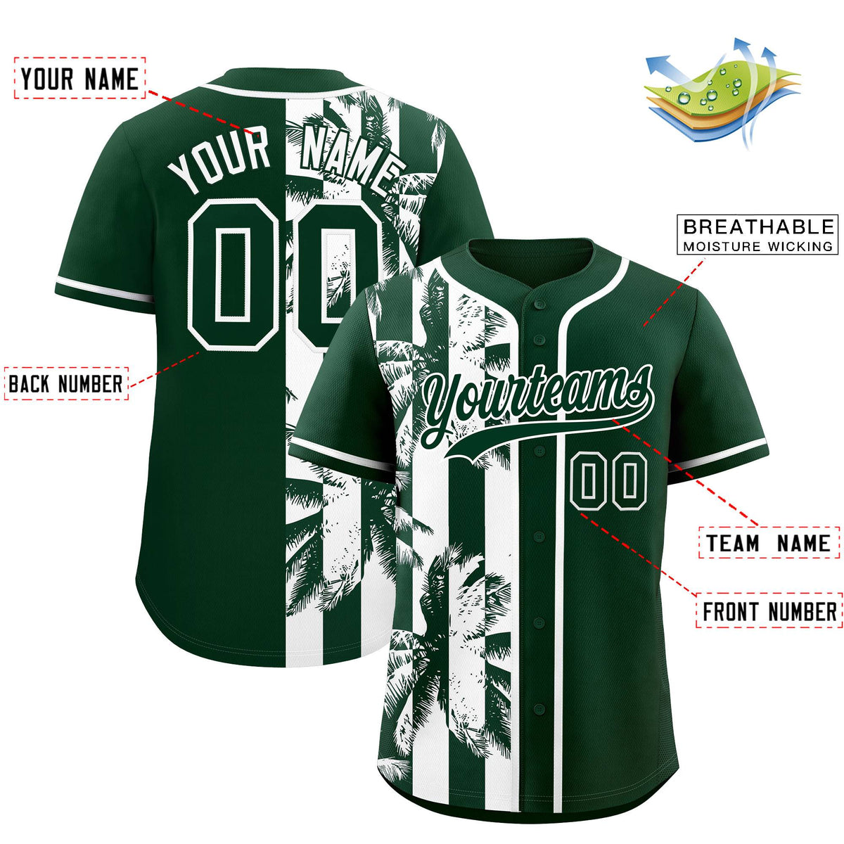 Custom Green White Split Fashion Coconut Tree Design Authentic Baseball Jersey| KXKSHOP