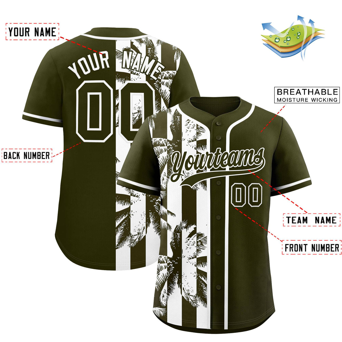 Custom Olive White Split Fashion Coconut Tree Design Authentic Baseball Jersey| KXKSHOP
