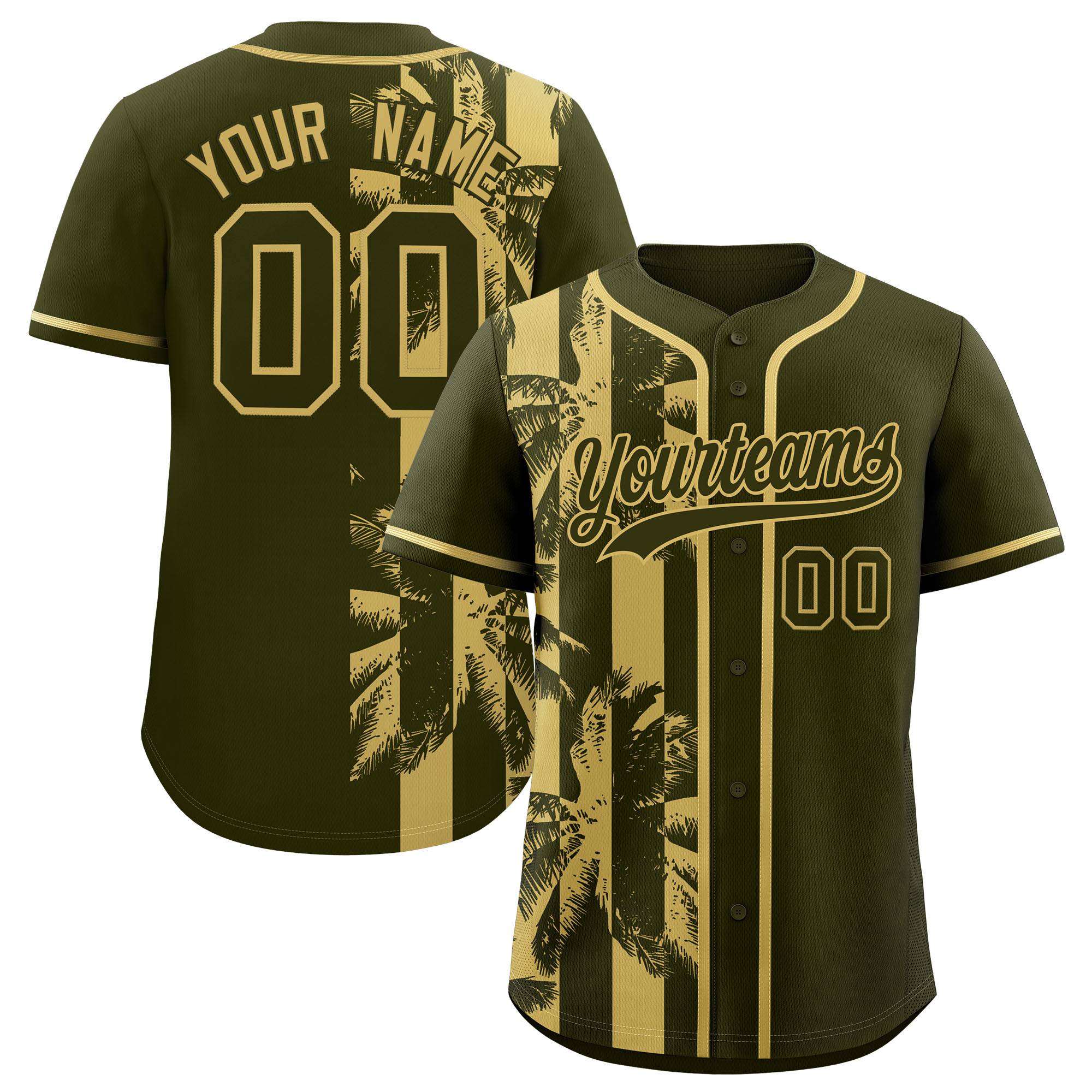 Custom Olive Khaki Split Fashion Coconut Tree Design Authentic Baseball Jersey| KXKSHOP