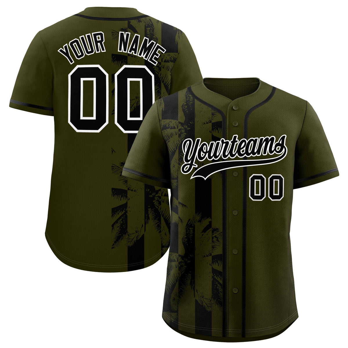 Custom Olive Black Split Fashion Coconut Tree Design Authentic Baseball Jersey| KXKSHOP