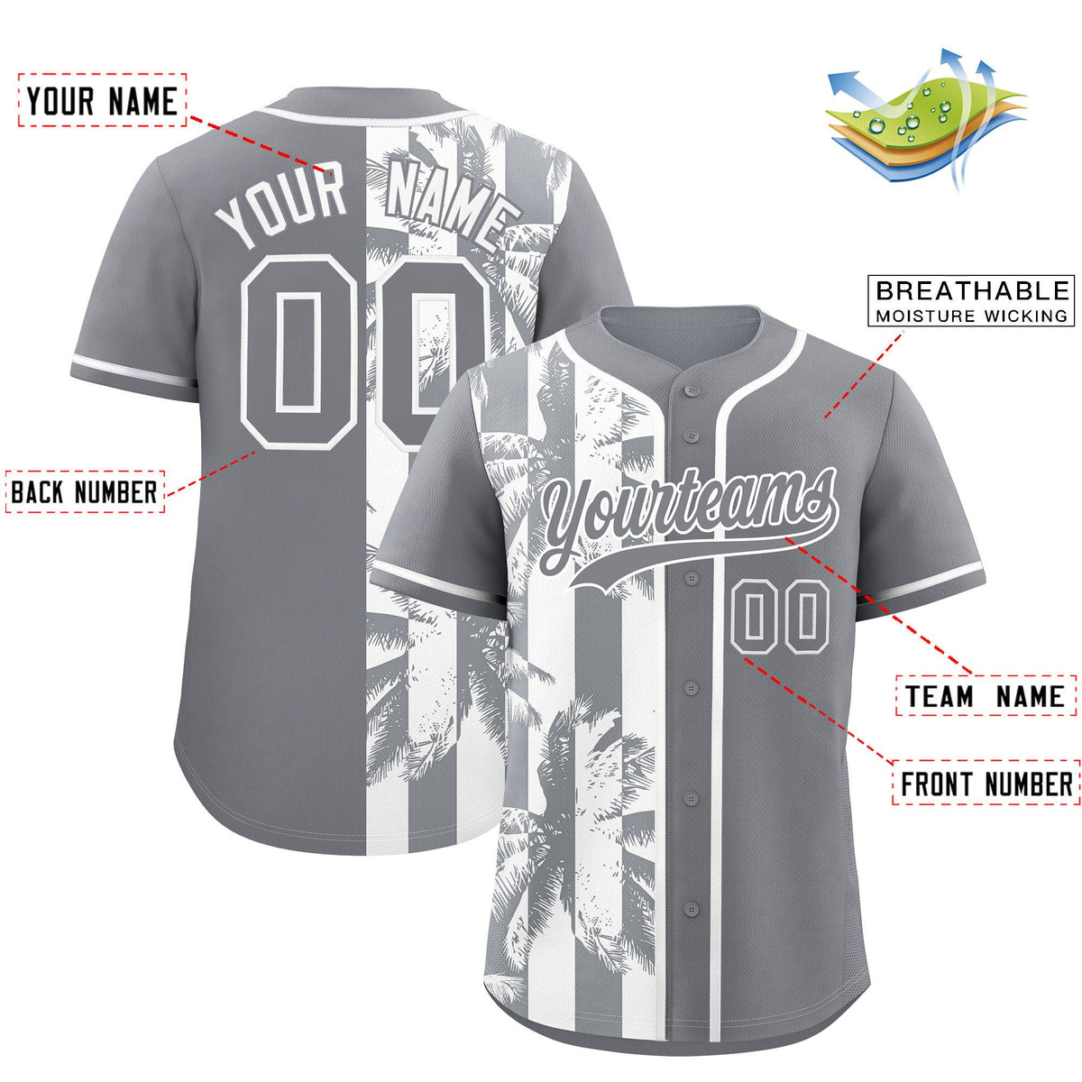 Custom Gray White Split Fashion Coconut Tree Design Authentic Baseball Jersey| KXKSHOP