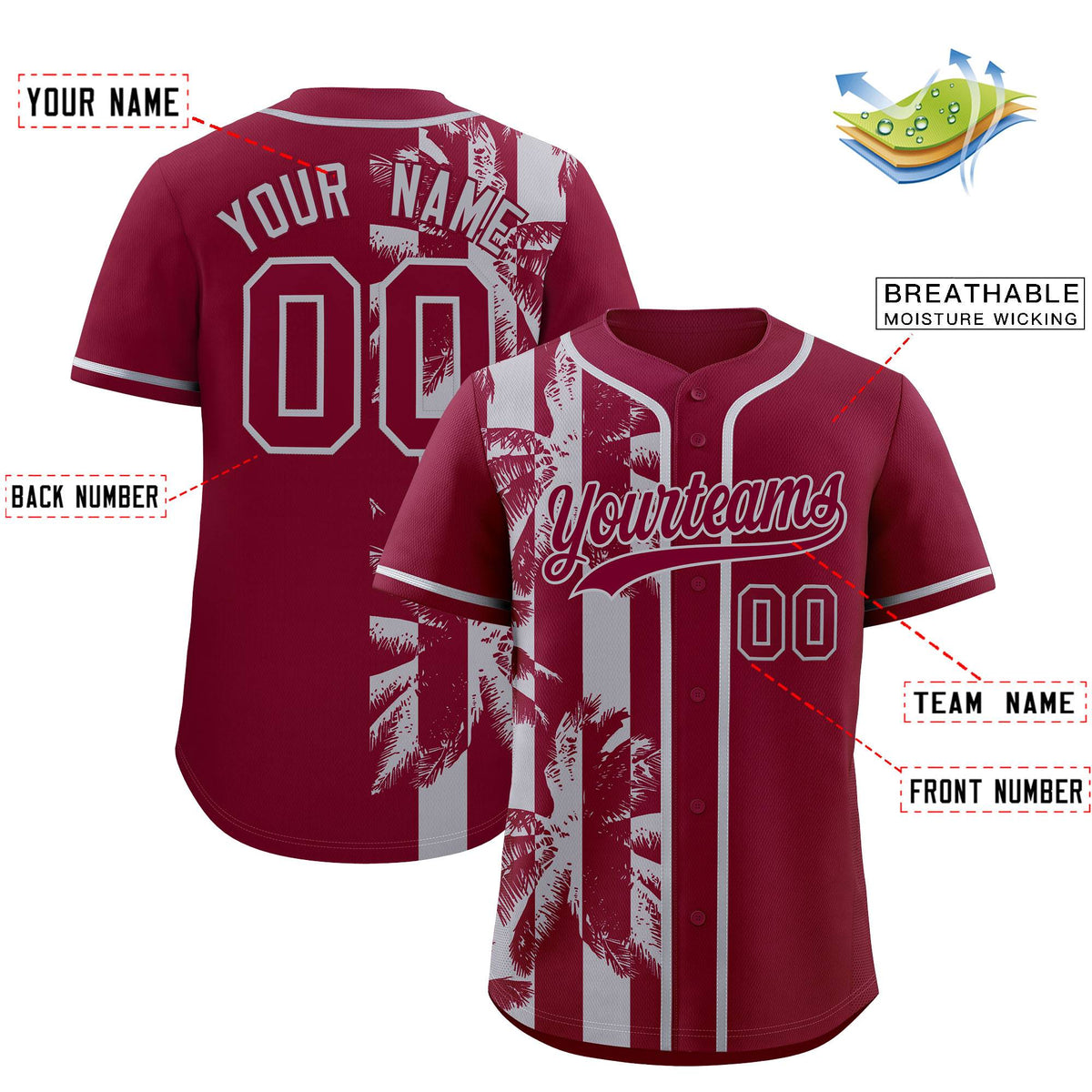 Custom Crimson Gray Split Fashion Coconut Tree Design Authentic Baseball Jersey| KXKSHOP