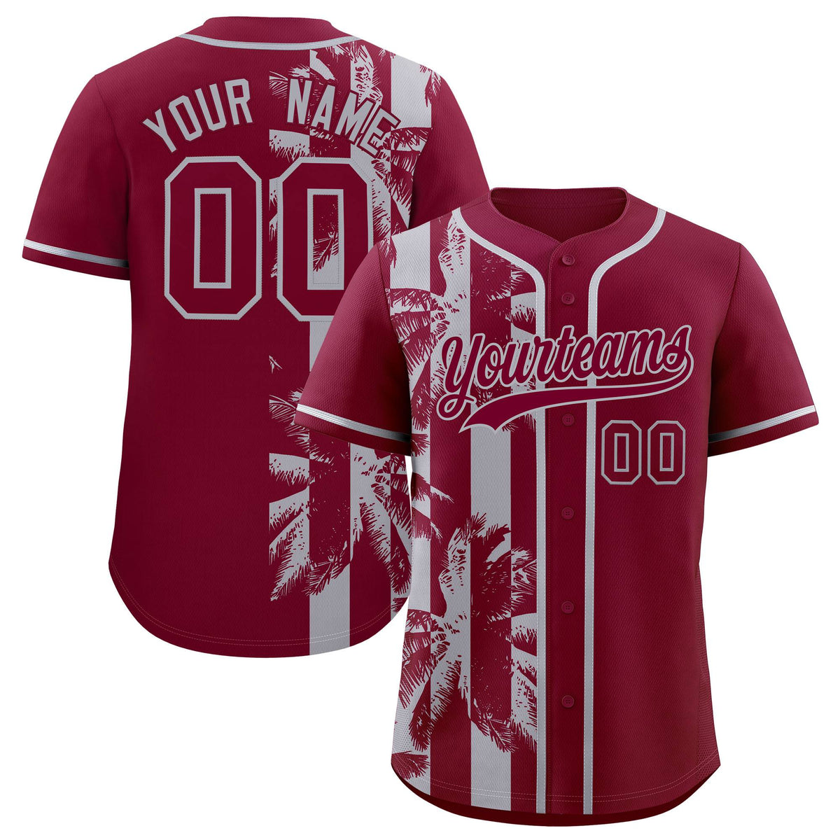 Custom Crimson Gray Split Fashion Coconut Tree Design Authentic Baseball Jersey| KXKSHOP