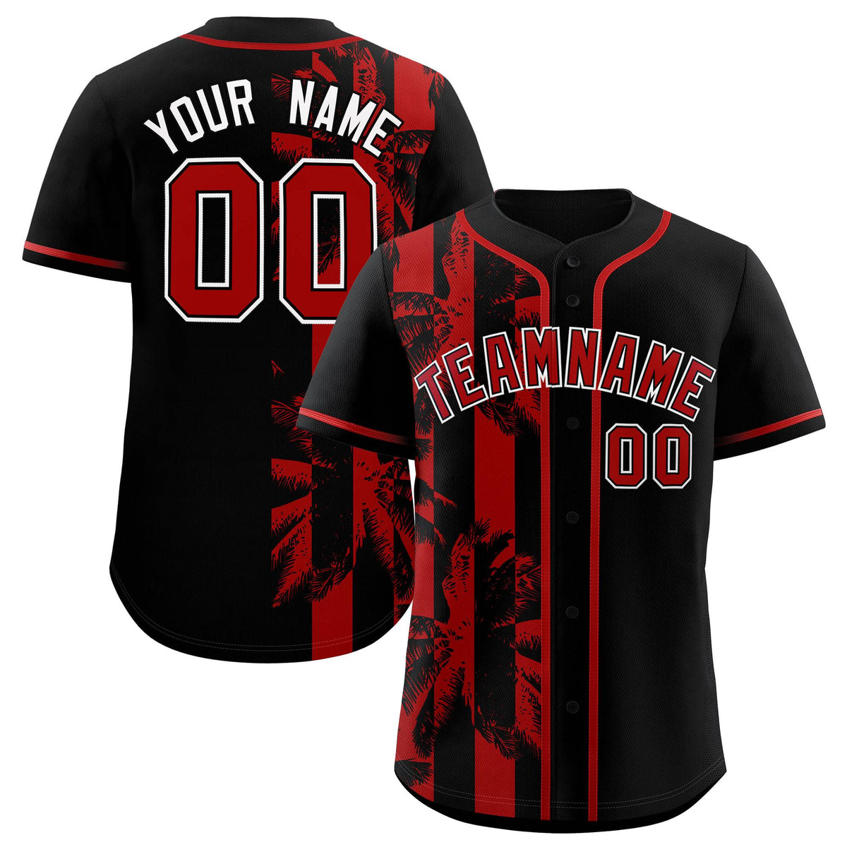 Custom Black Red Split Fashion Coconut Tree Design Authentic Baseball Jersey| KXKSHOP