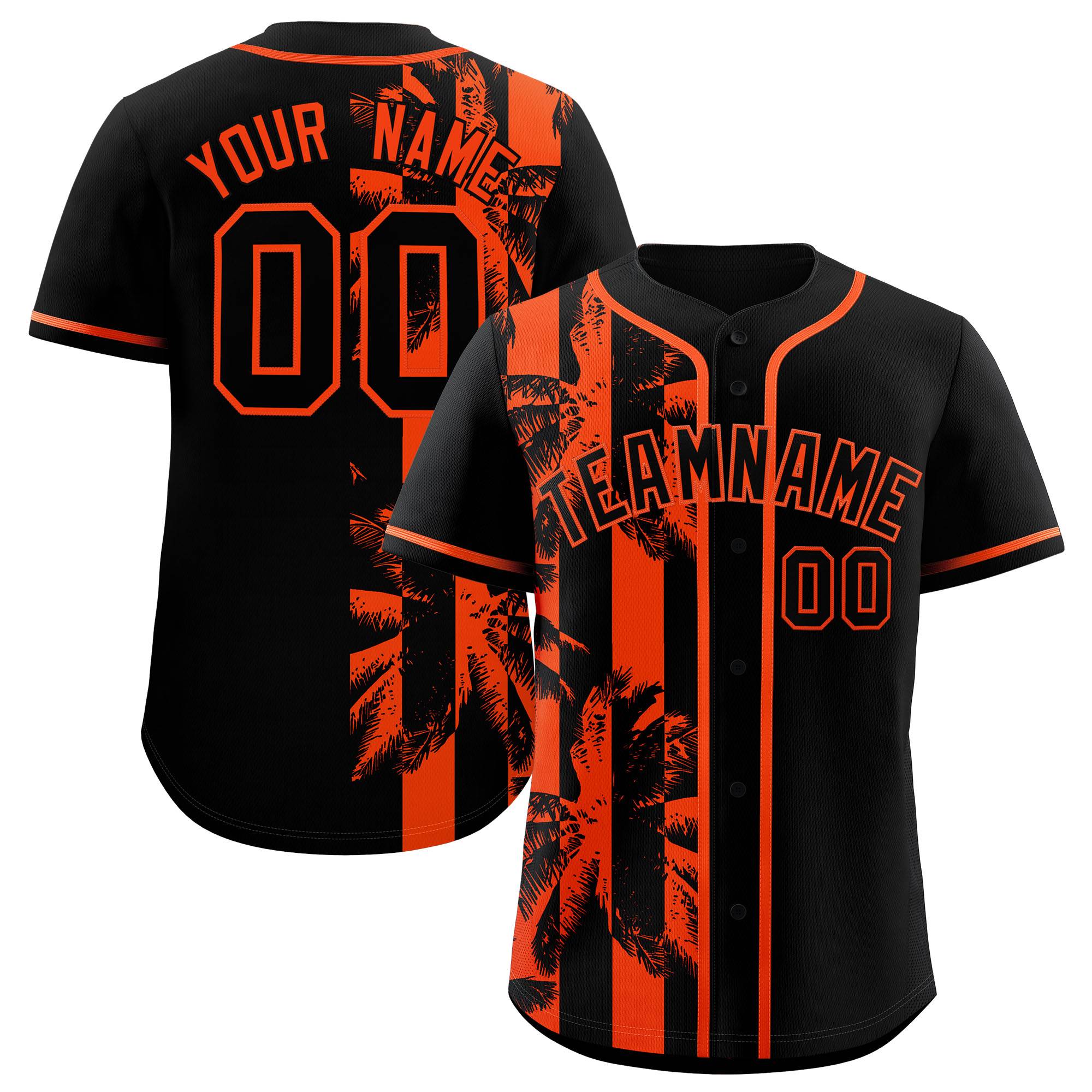 Custom Black Orange Split Fashion Coconut Tree Design Authentic Baseball Jersey| KXKSHOP