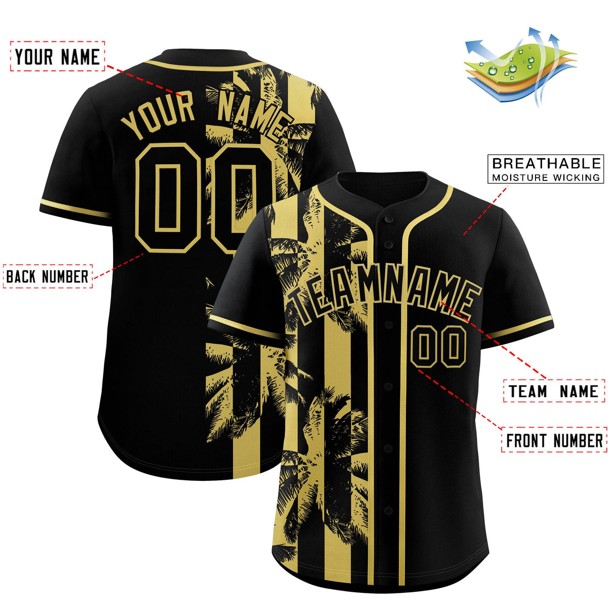 Custom Black Old Gold Split Fashion Coconut Tree Design Authentic Baseball Jersey| KXKSHOP