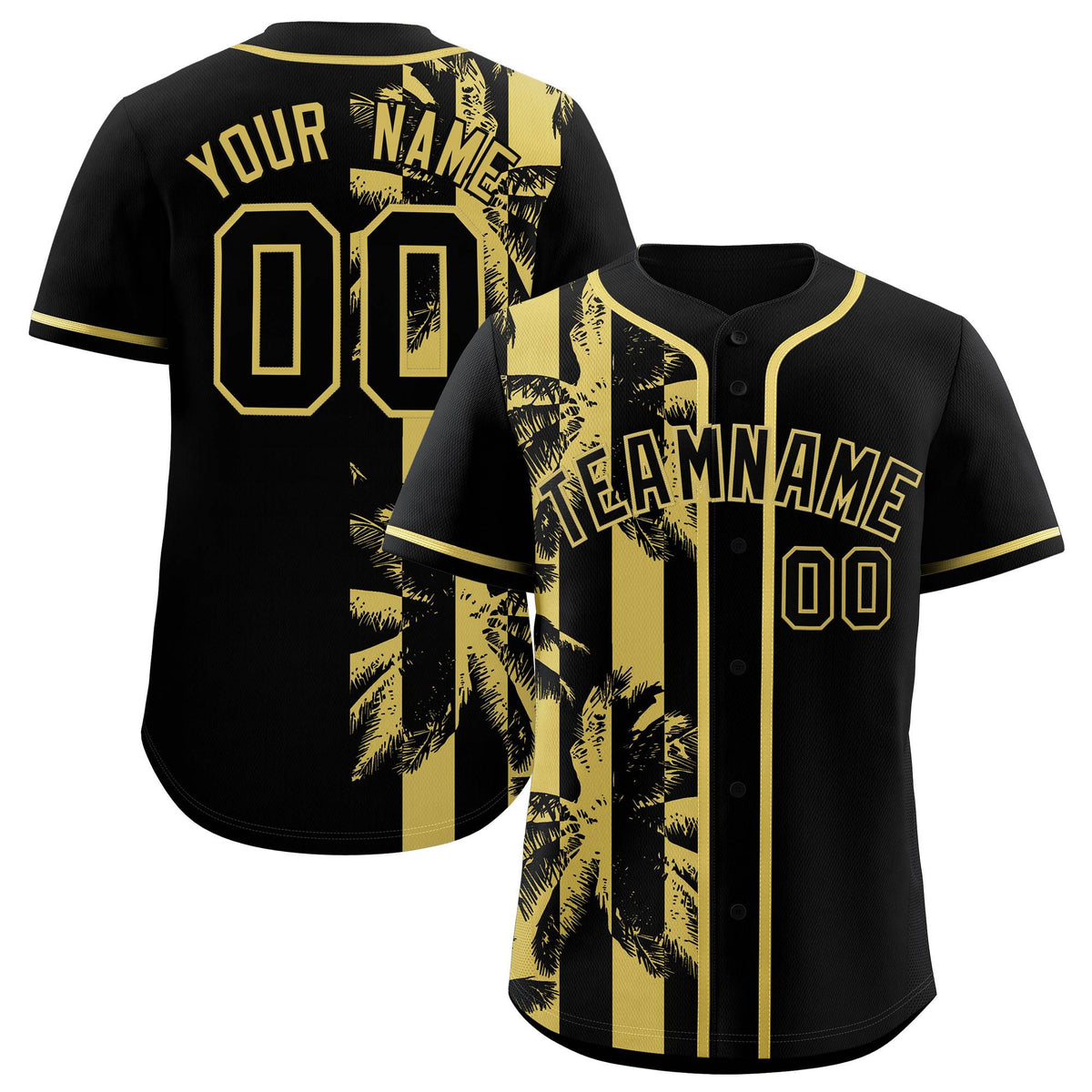 Custom Black Old Gold Split Fashion Coconut Tree Design Authentic Baseball Jersey| KXKSHOP
