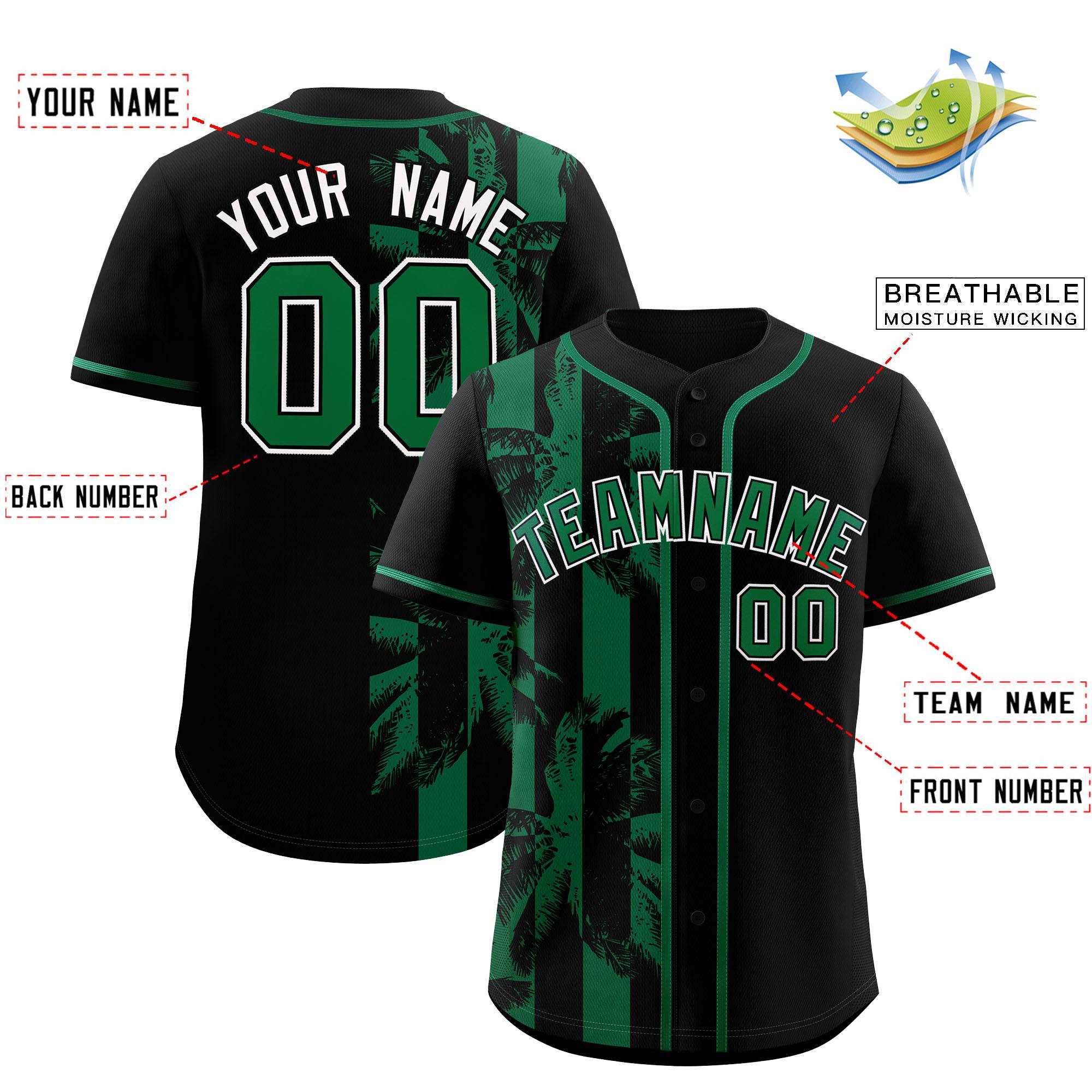 Custom Black Kelly Green Split Fashion Coconut Tree Design Authentic Baseball Jersey| KXKSHOP